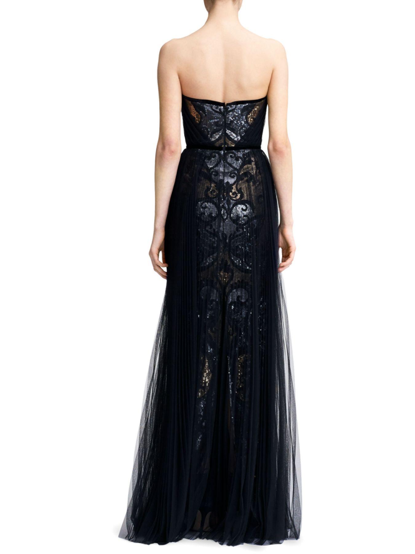 marchesa notte black and gold gown