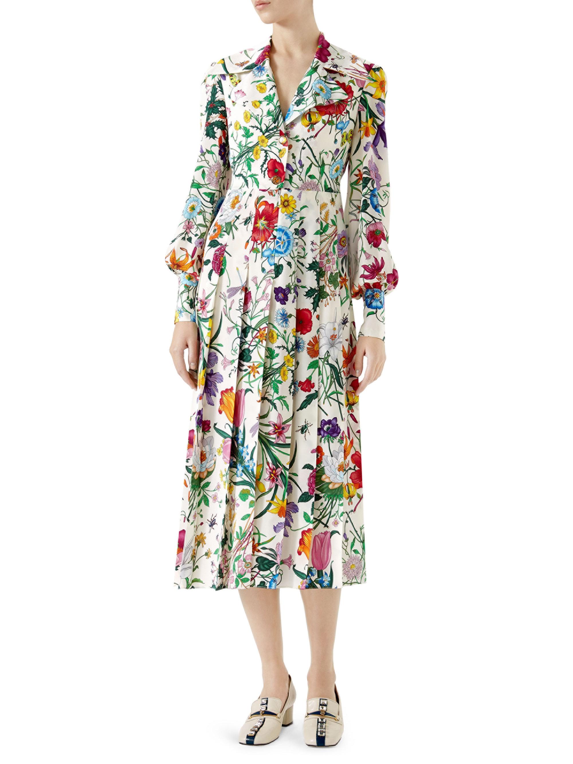 Gucci Floral Print Silk Shirt Dress in Ivory (White) - Lyst