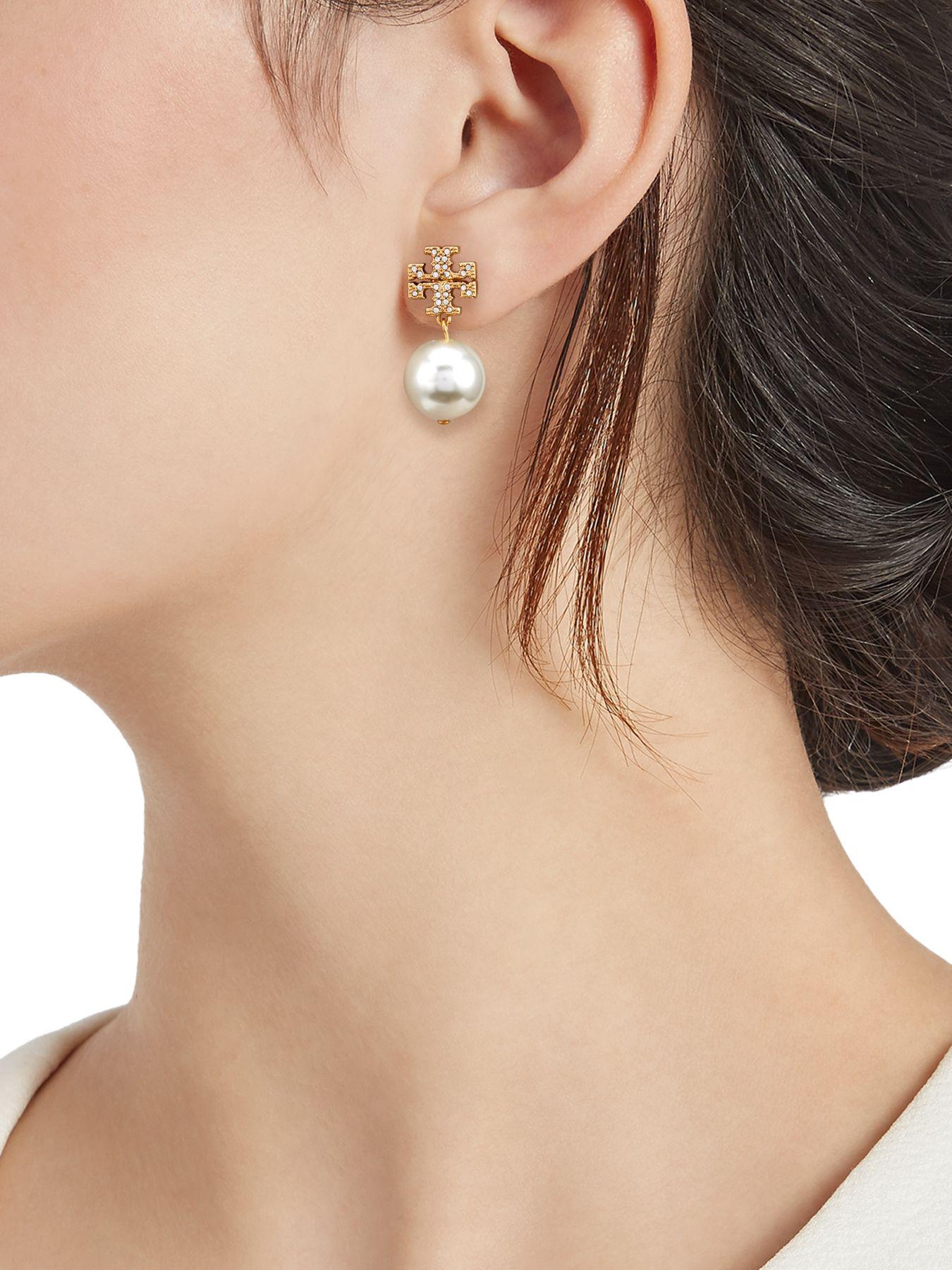 Tory Burch Crystal-pearl Logo Drop Earring | Lyst