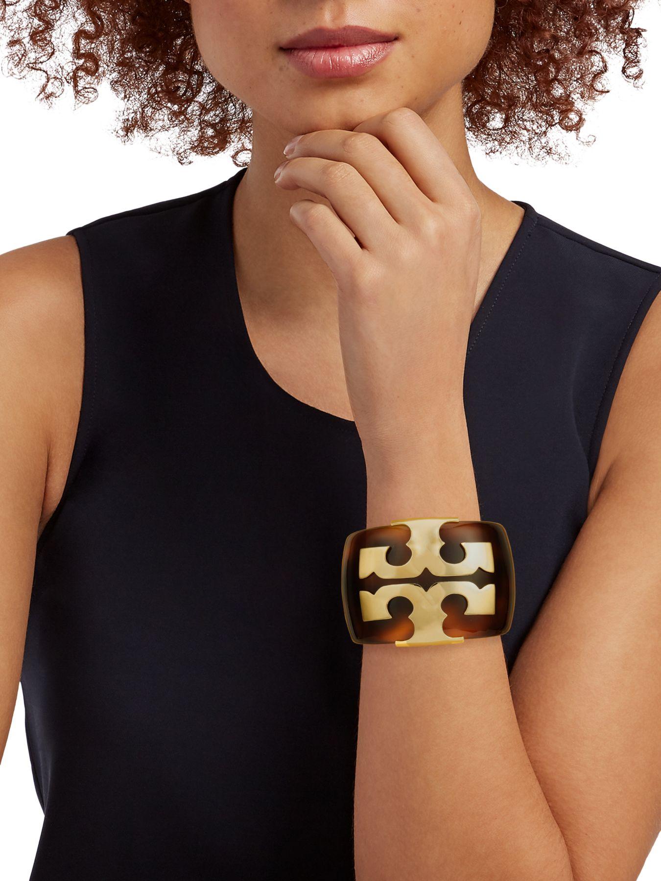 Tory Burch Applied Logo Resin Wide Cuff Bracelet | Lyst