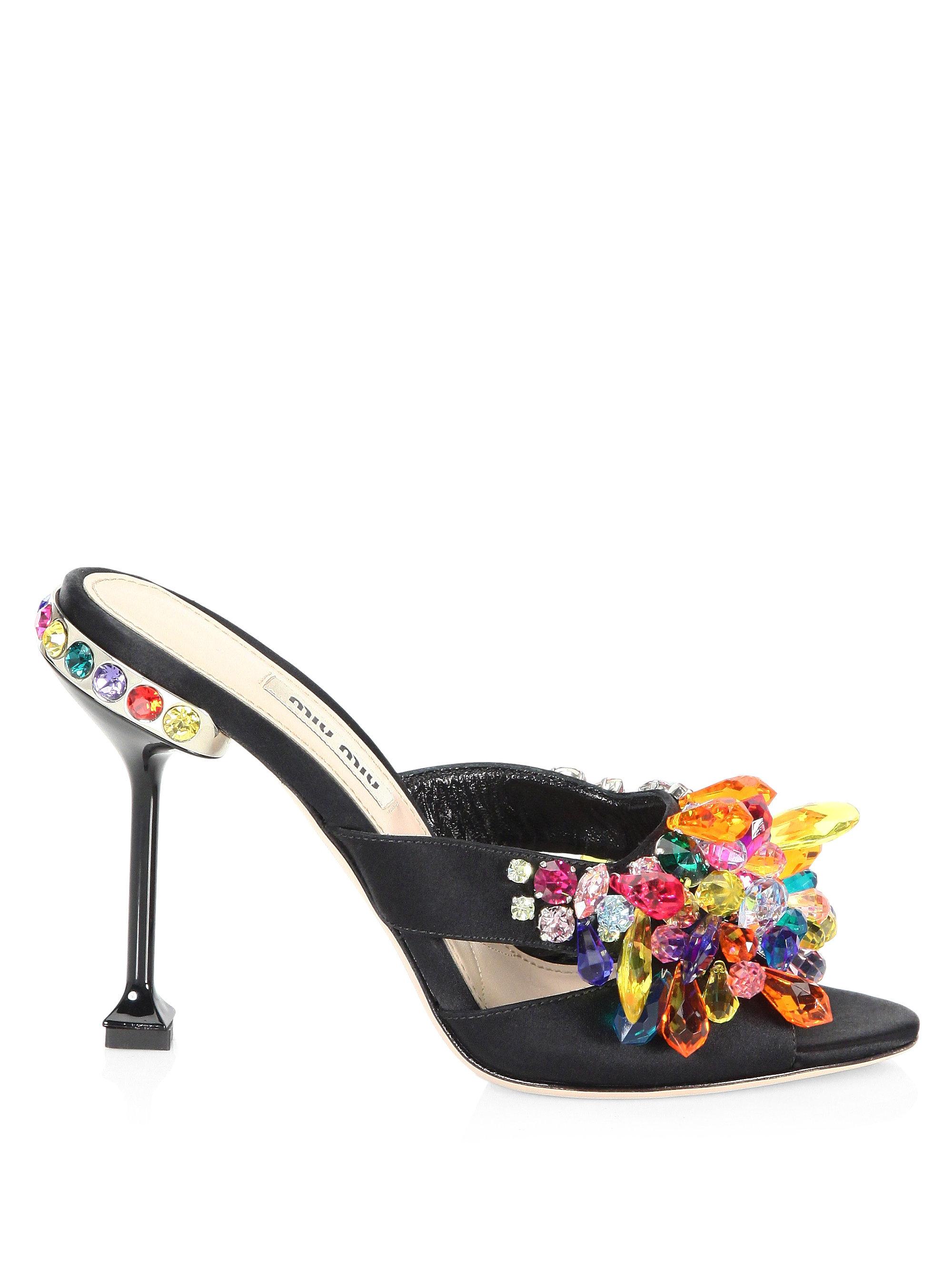 Miu Miu Multicolor Crystal Mules in Black | Lyst