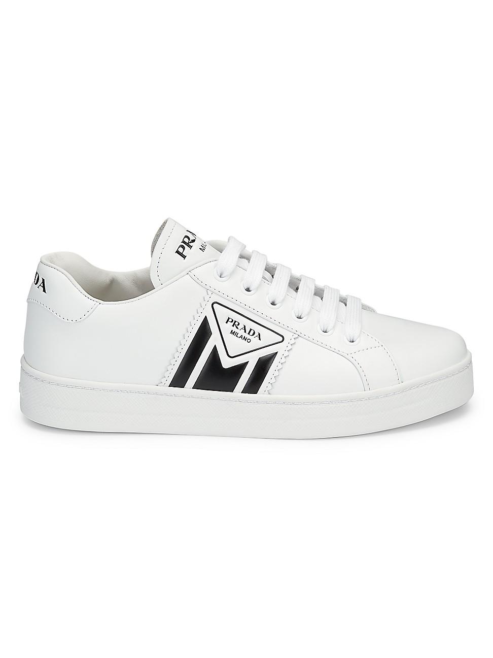 Prada Logo Stripe Leather Sneakers in White | Lyst