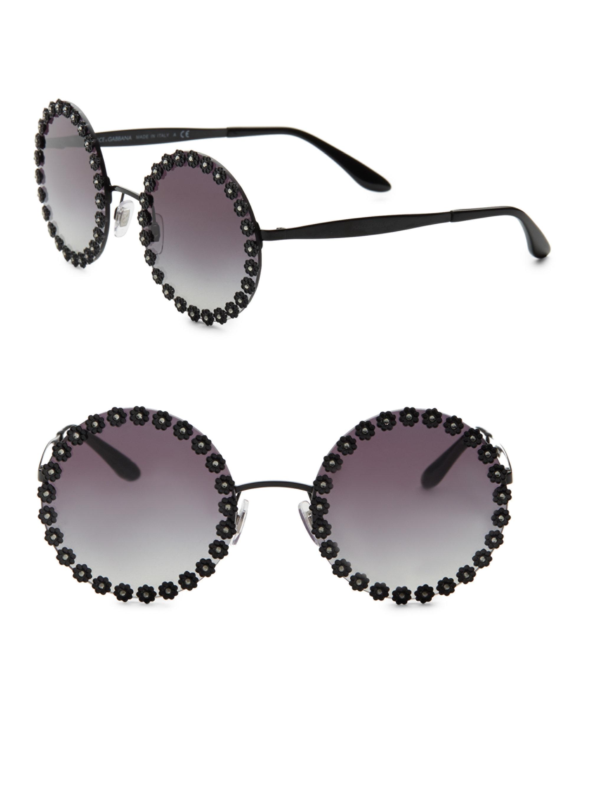 Dolce & Gabbana Flower-trimmed 56mm Round Sunglasses in Black - Lyst