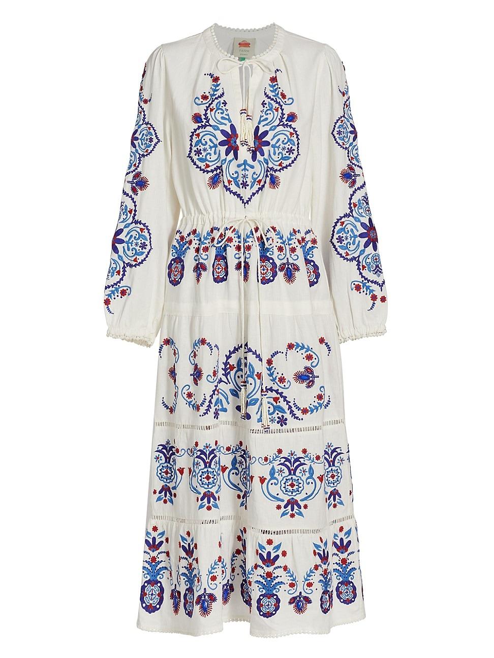 FARM Rio Linenblend Embroidered Mididress in Blue Lyst