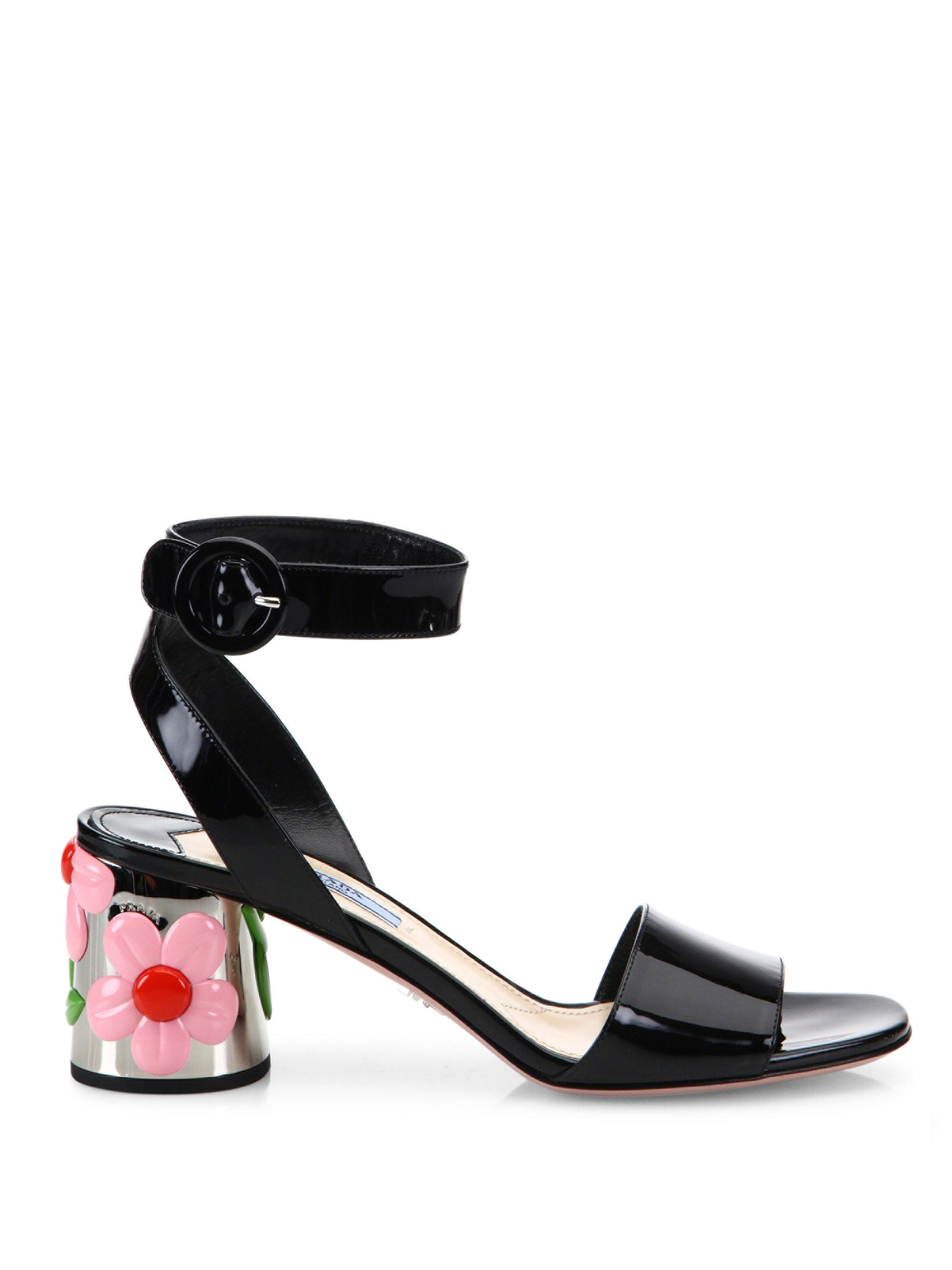 Prada Flower-heel Patent Leather Ankle-strap Sandals in Black | Lyst