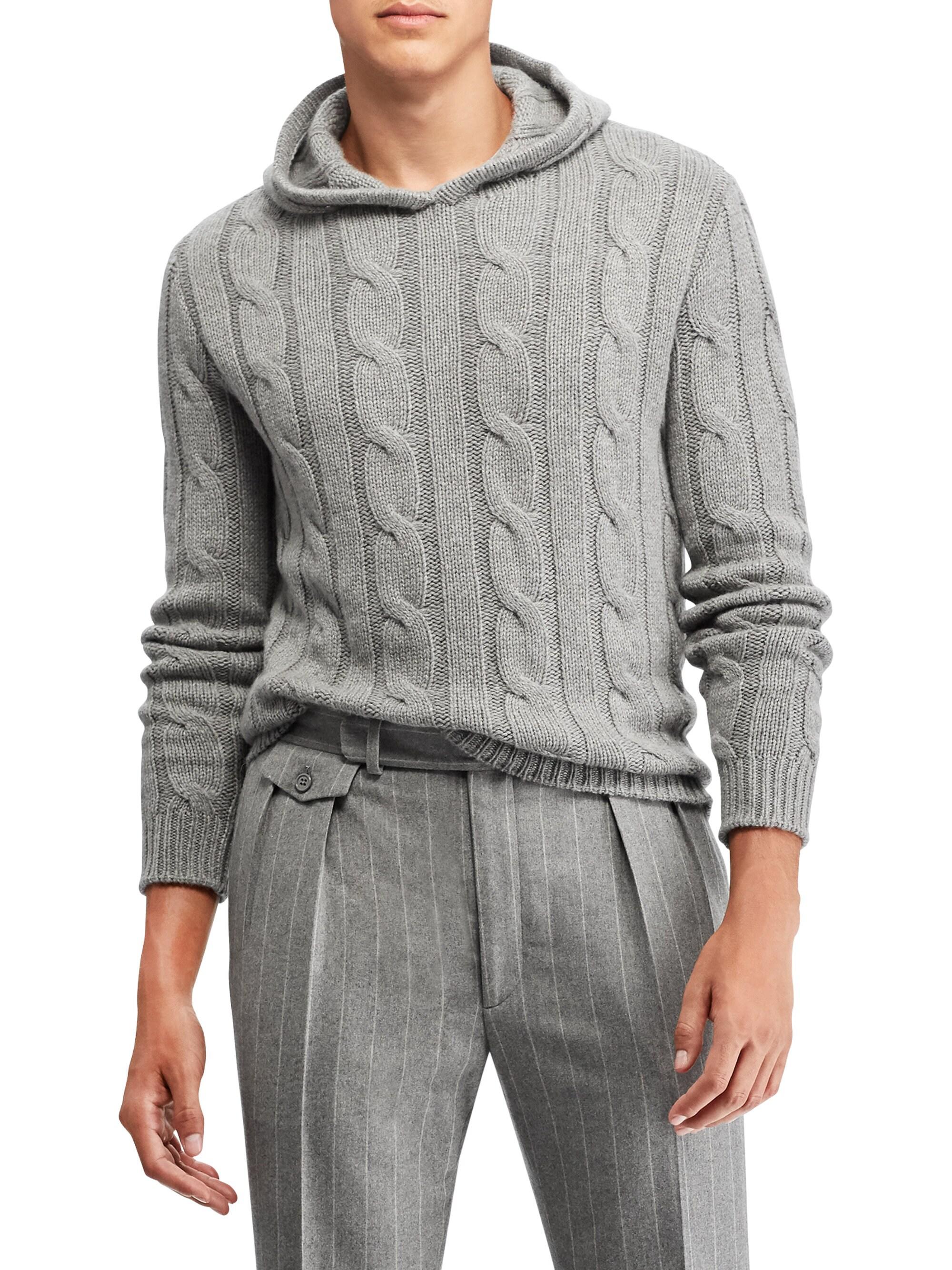 Ralph Lauren Purple Label Cable Knit Hoodie Sweater in Gray for Men | Lyst