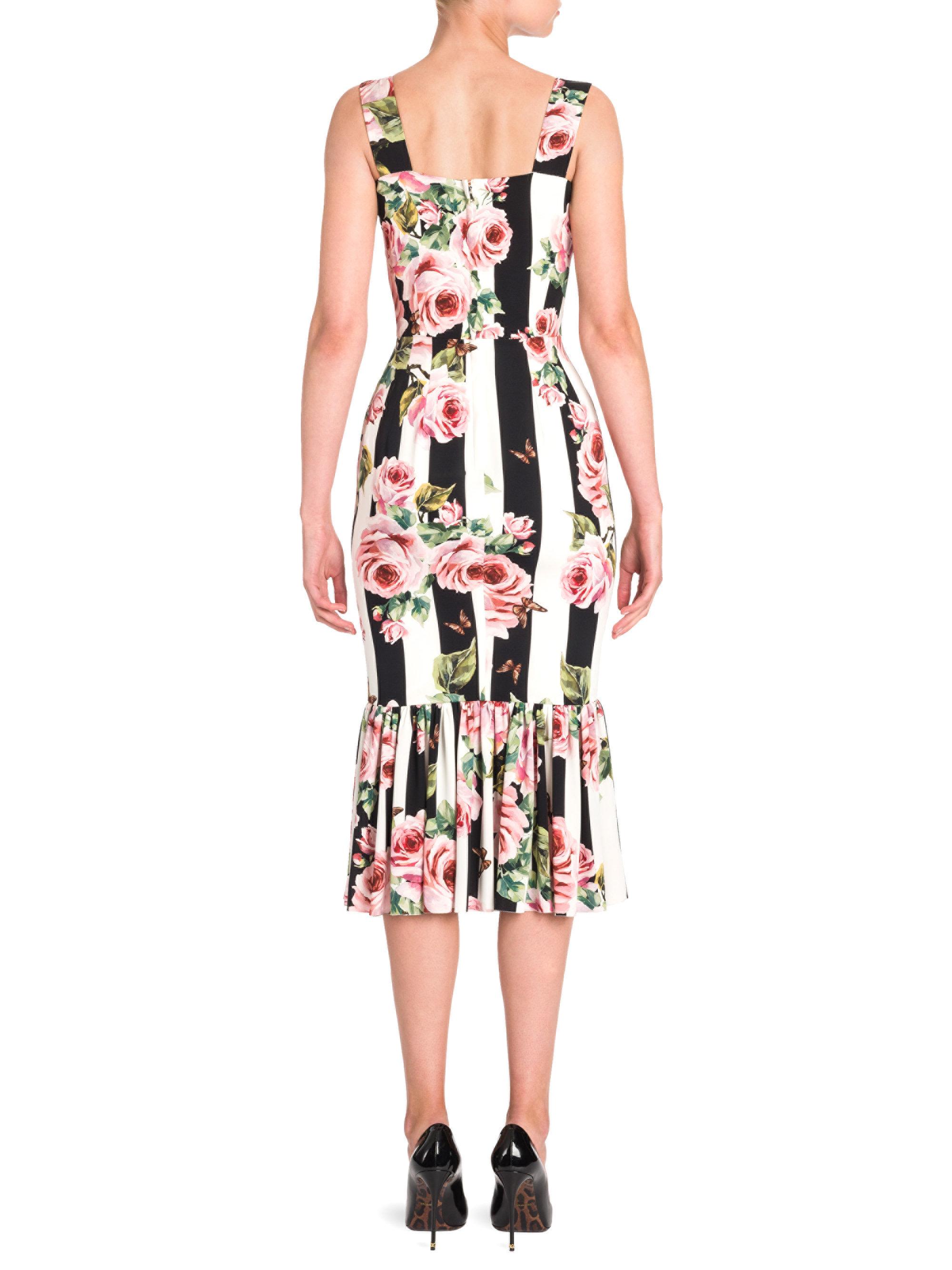 Dolce & Gabbana Silk Rose-print Striped Dress - Lyst