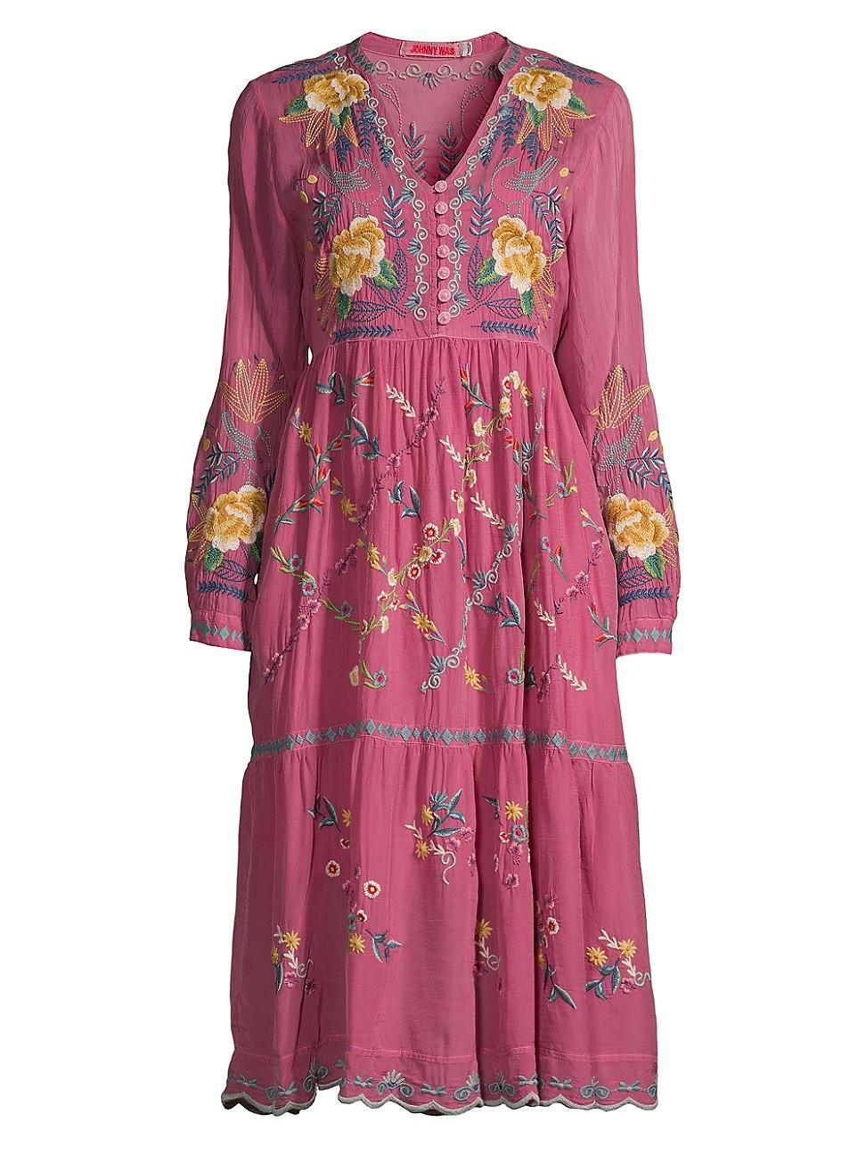 Johnny Was Dina Floralembroidered Mididress in Pink Lyst