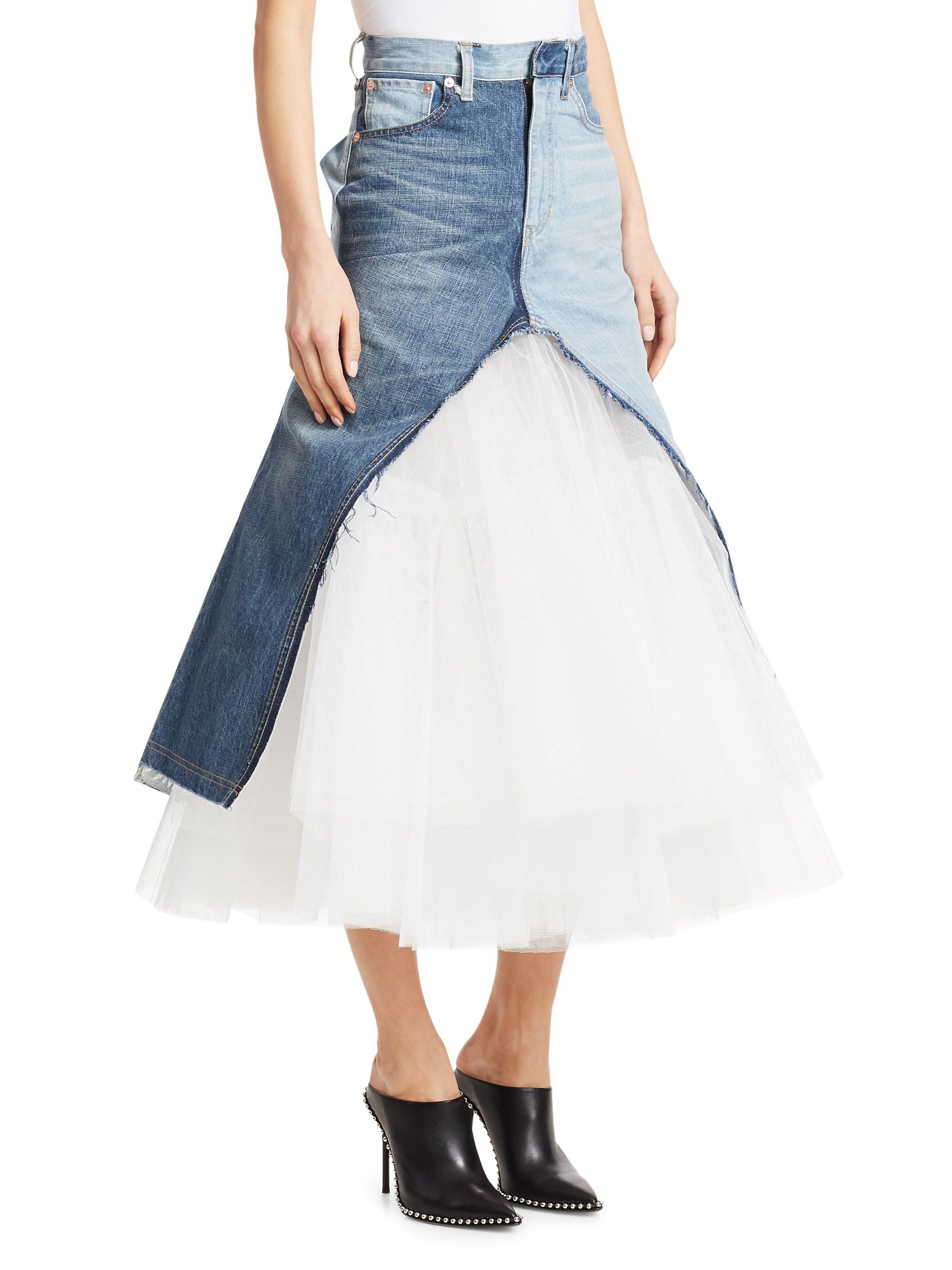 Junya Watanabe Paneled Denim And Tulle Maxi Skirt in White (Blue) | Lyst