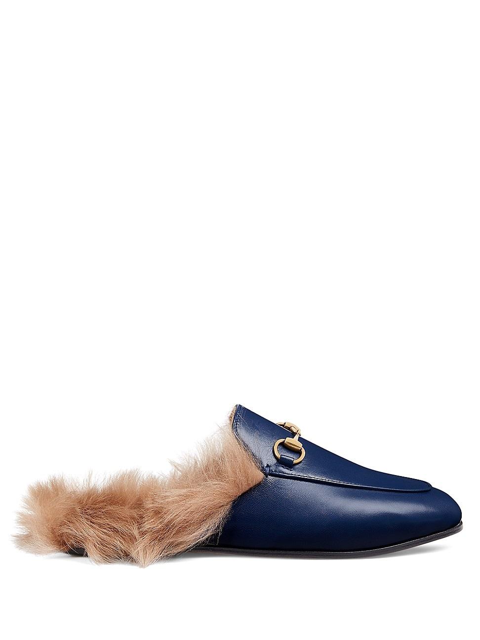 Gucci Princetown Leather Loafers With Fur in Navy (Blue) | Lyst
