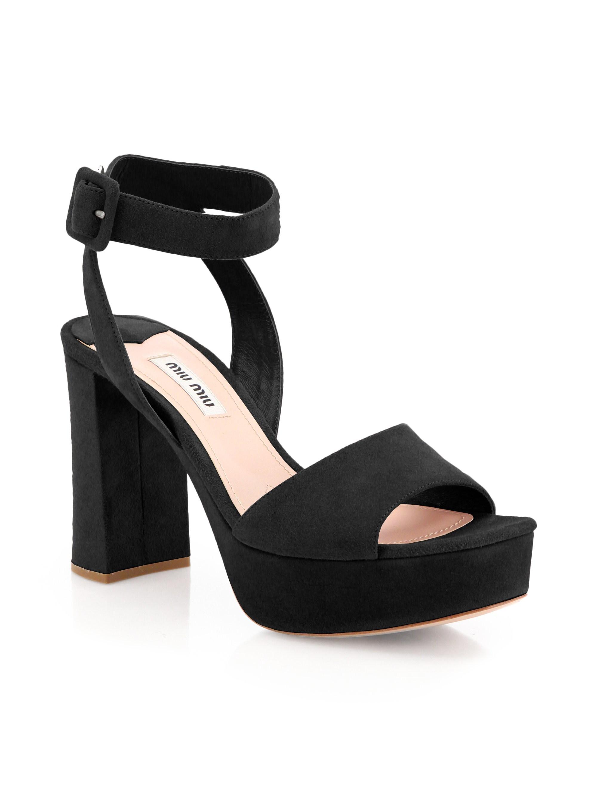 Miu Miu Suede Ankle-strap Platform Sandals in Black | Lyst