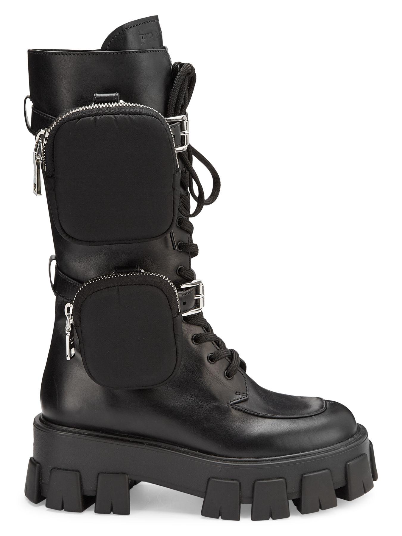 Prada Chunky Leather Tall Combat Boots in Nero (Black) - Lyst