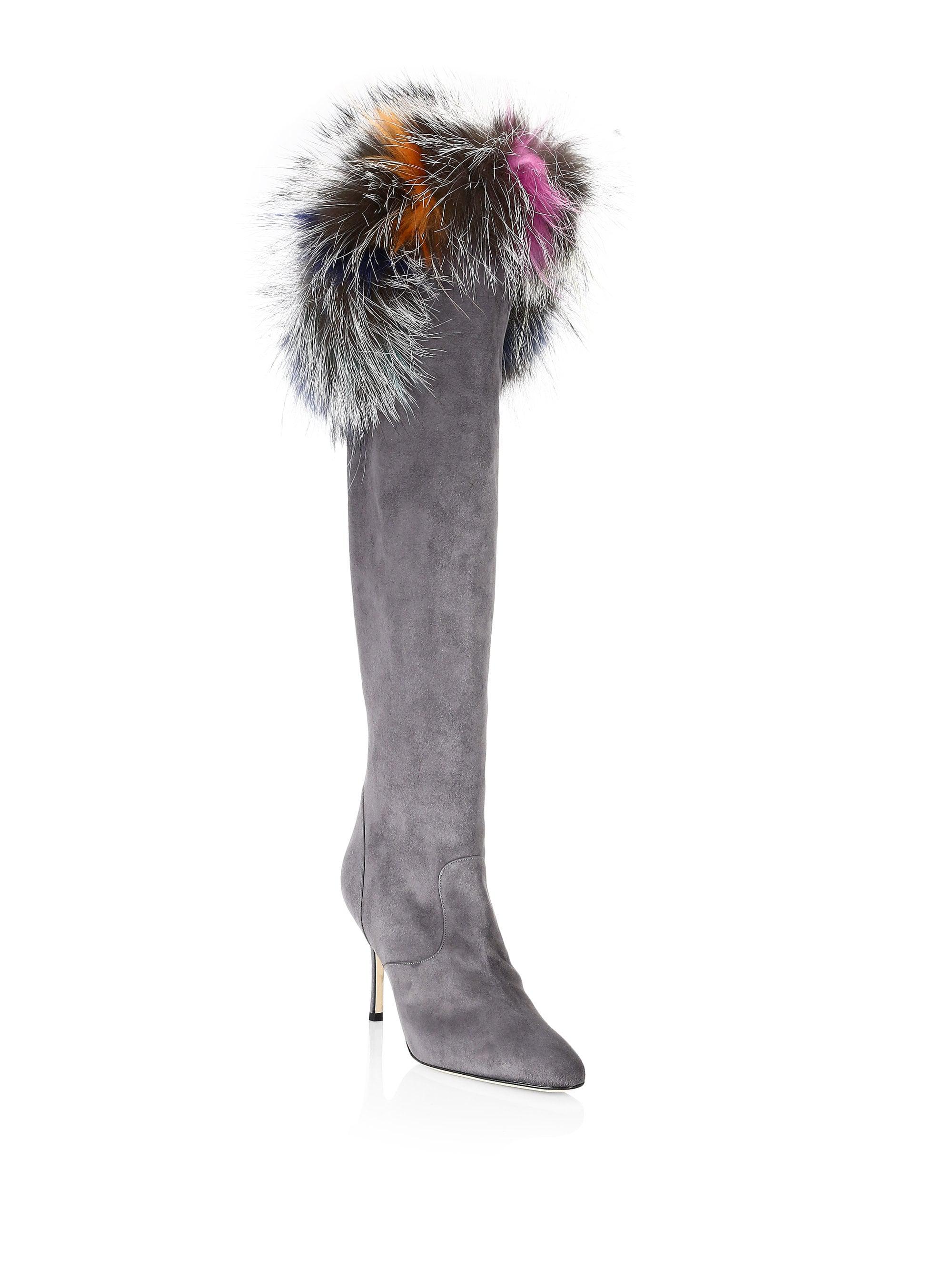 grey boots with fur trim