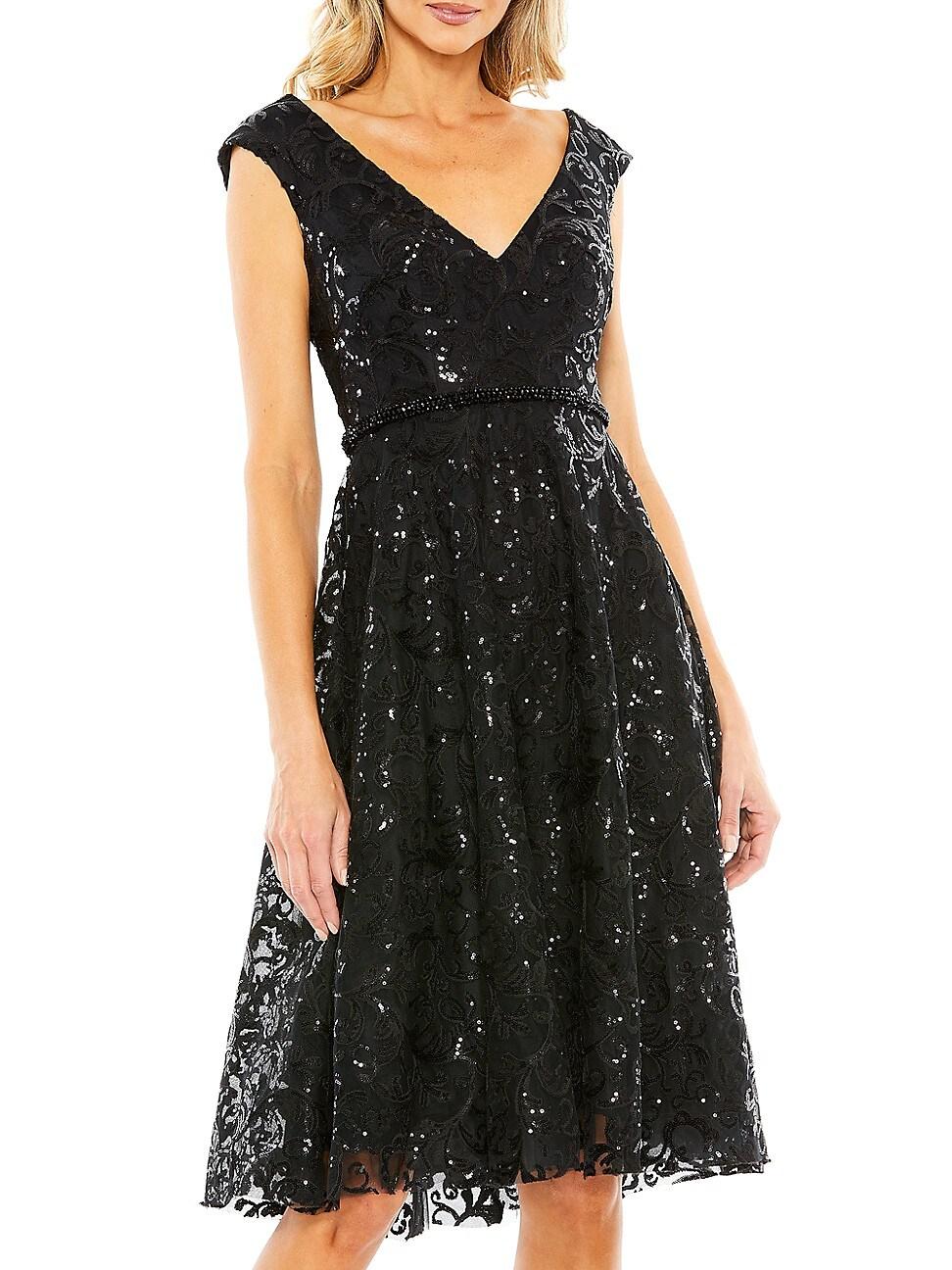 Mac Duggal Sequin Vneck Capsleeve Kneelength Dress in Black Lyst