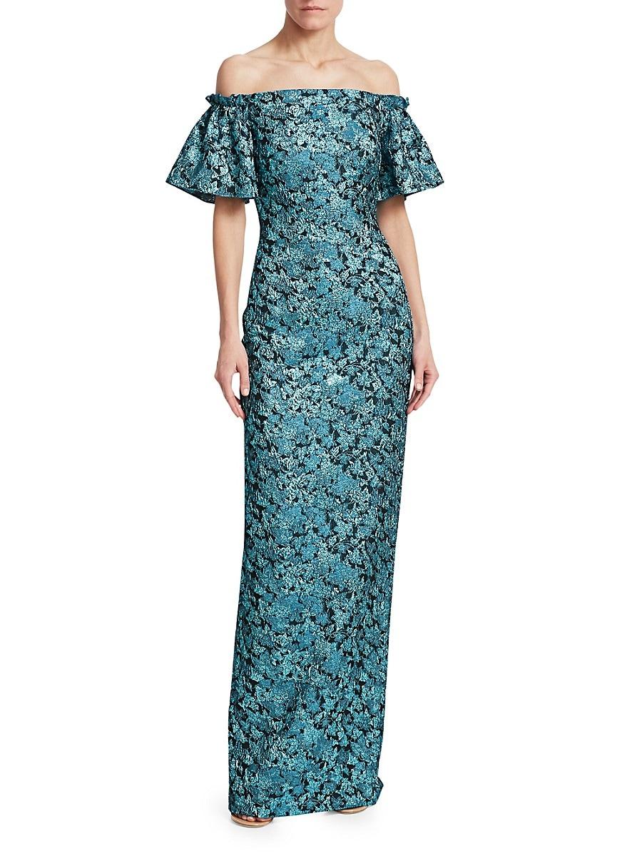 THEIA Floral Jacquard Off-shoulder Gown ...