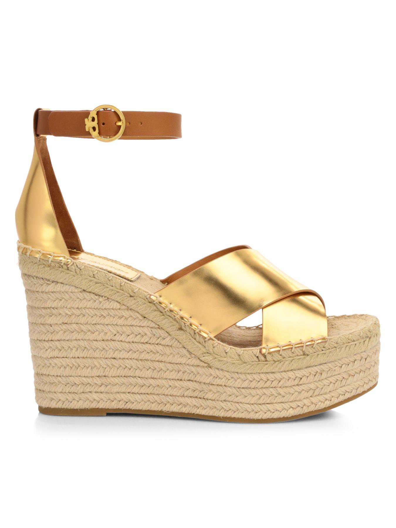 Tory Burch Selby Metallic Leather Platform Espadrille Wedges - Lyst