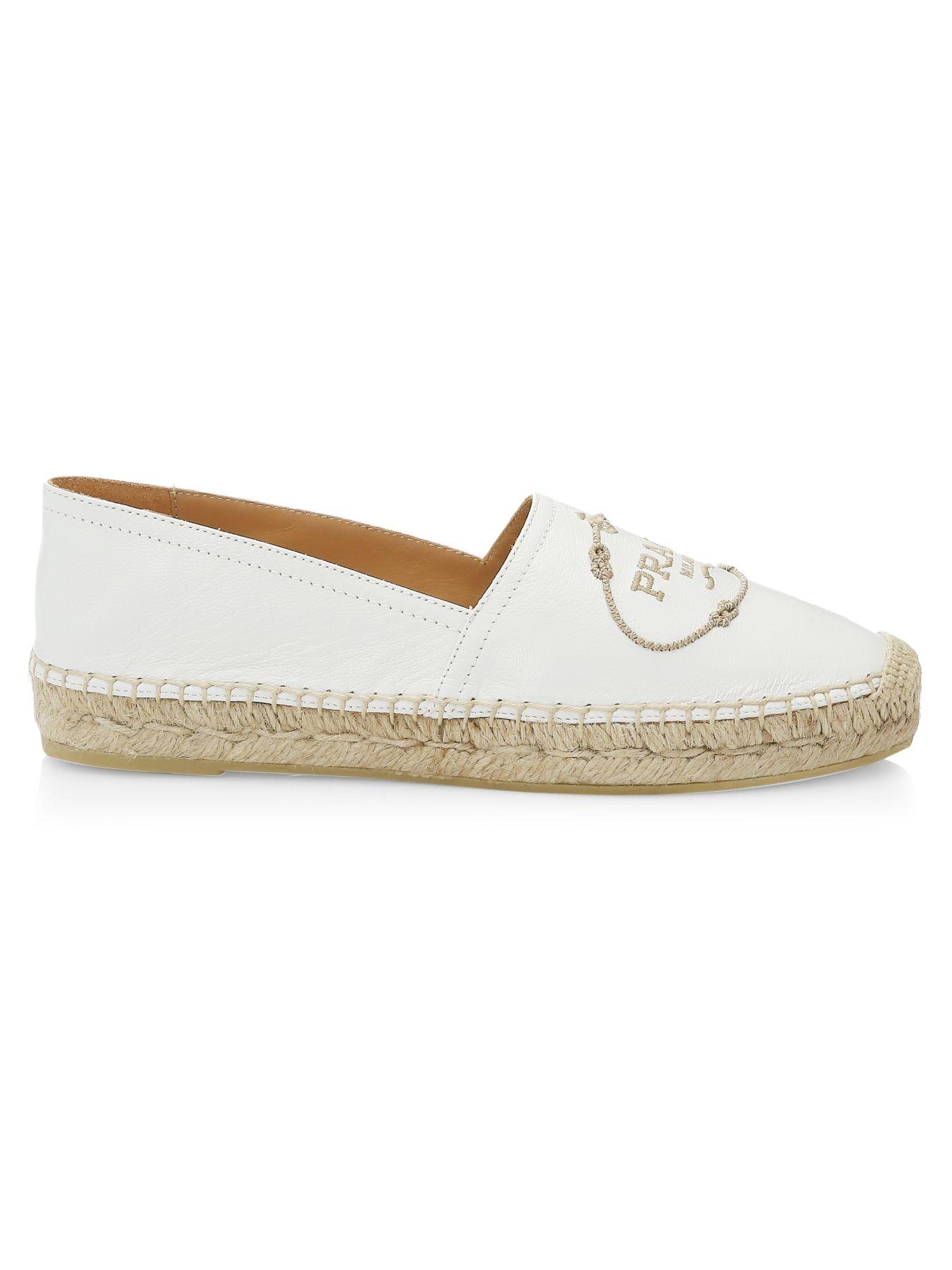 Prada Leather Embroidered Logo Espadrilles in White - Save 23% - Lyst
