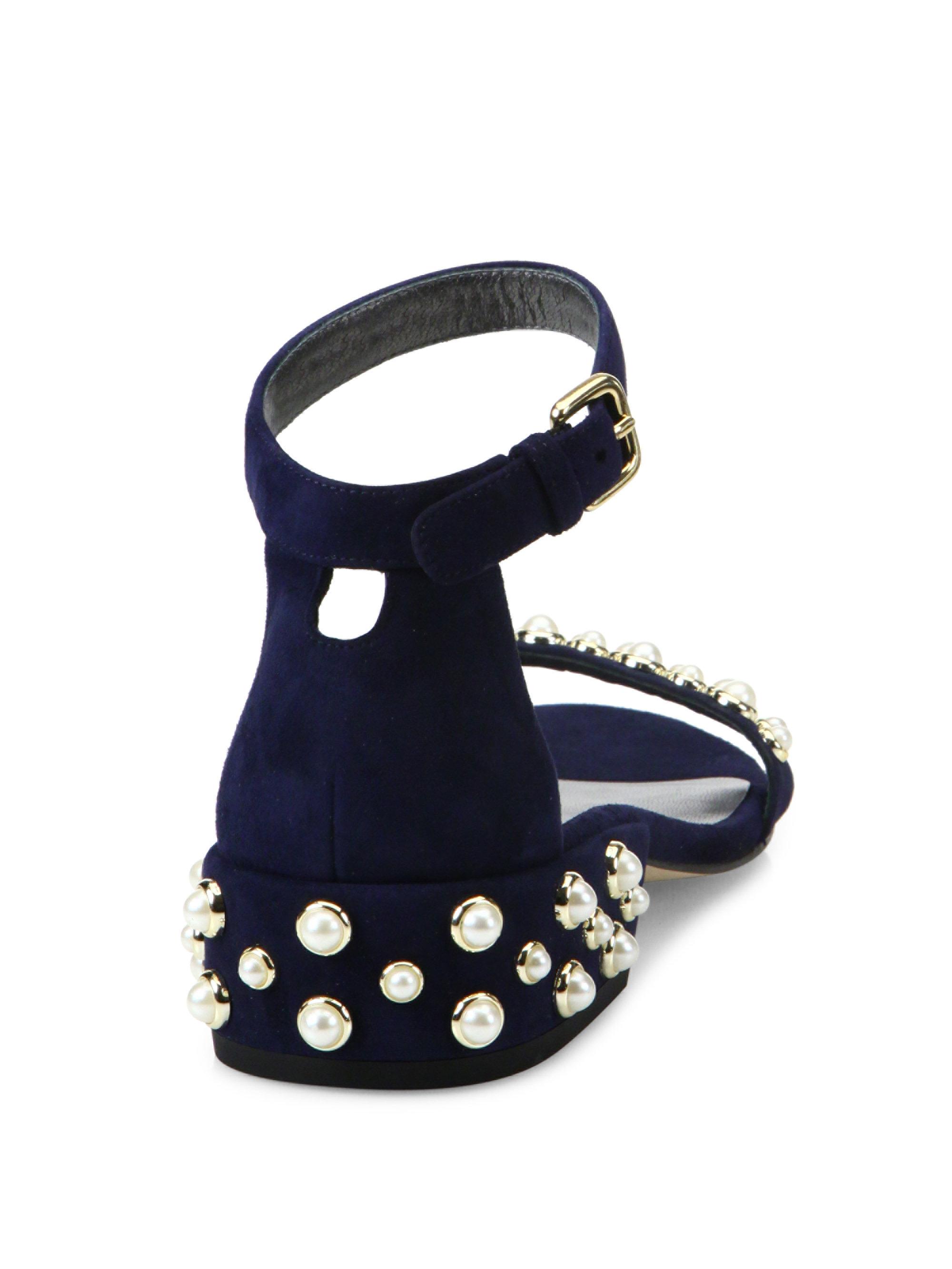 Stuart Weitzman All Pearls Studded Suede Block Heel Sandals in Navy (Blue) - Lyst