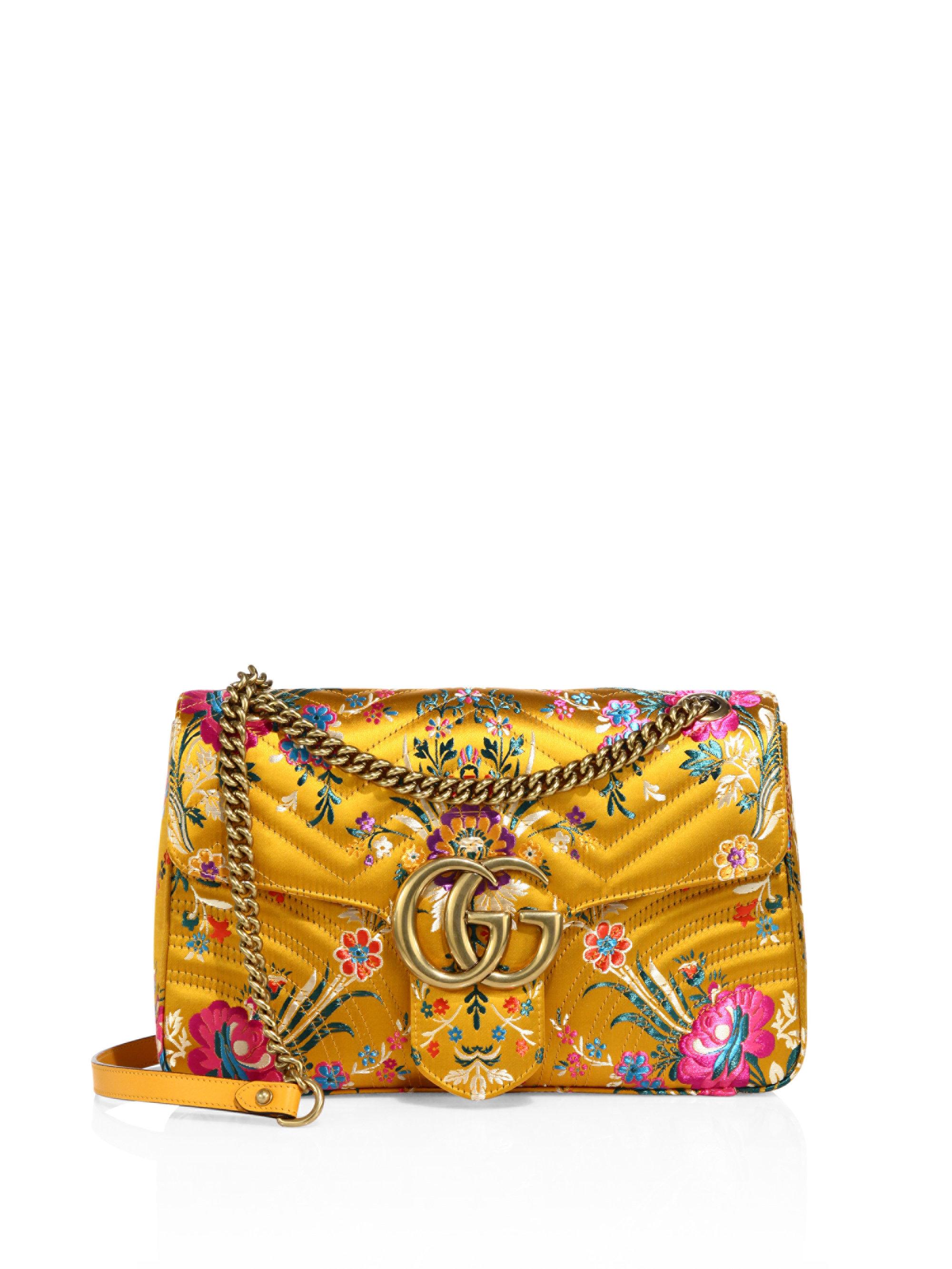 Gucci Suede Small Gg Marmont Matelasse Floral Jacquard Chain Shoulder Bag  in Lemon (Yellow) - Lyst