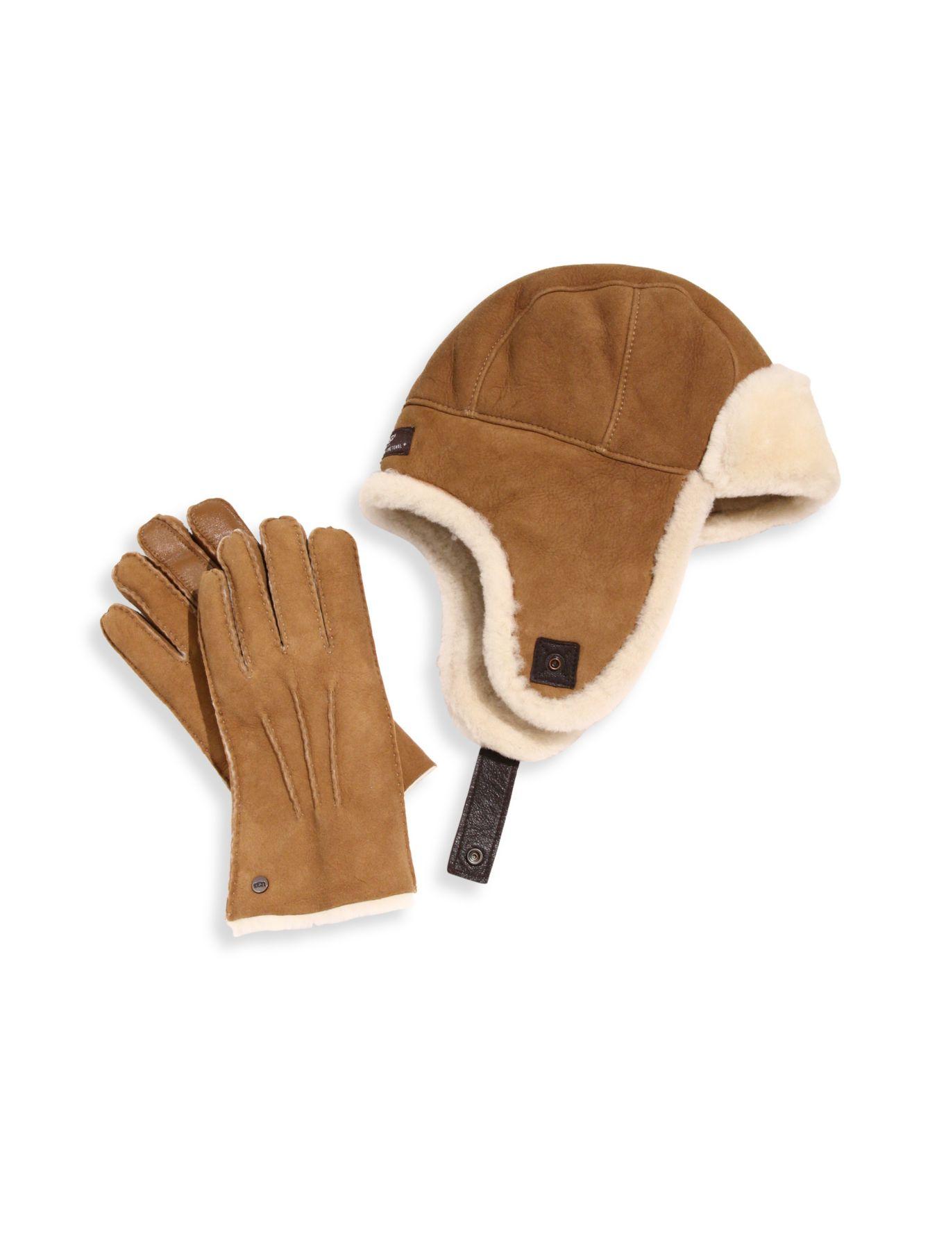 UGG Twopiece Shearling Sheepskin Hat And Smart Leather Gloves Set for