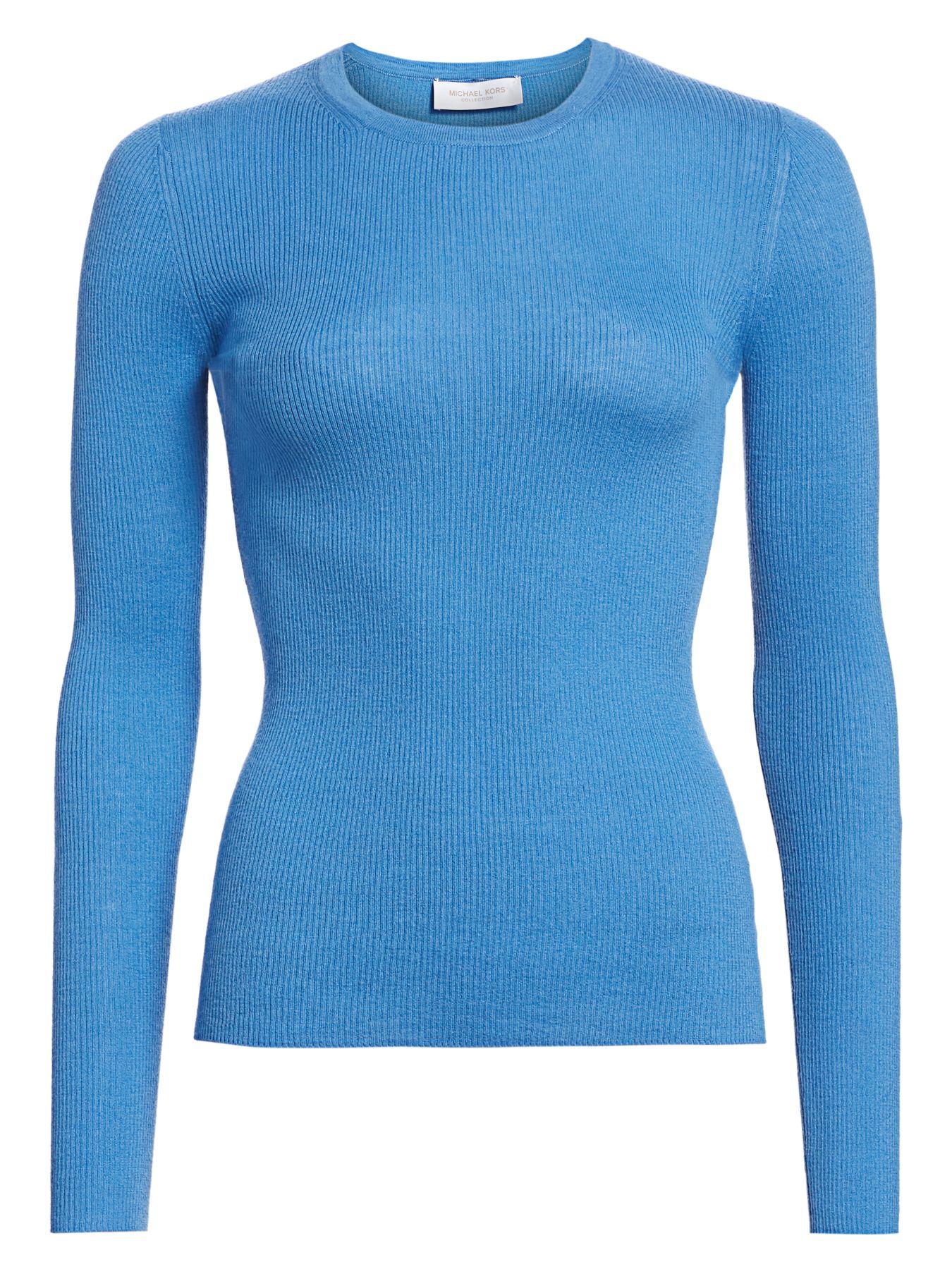 Michael Kors Ribbed Cashmere Knit Crewneck Sweater in Blue - Save 25% ...