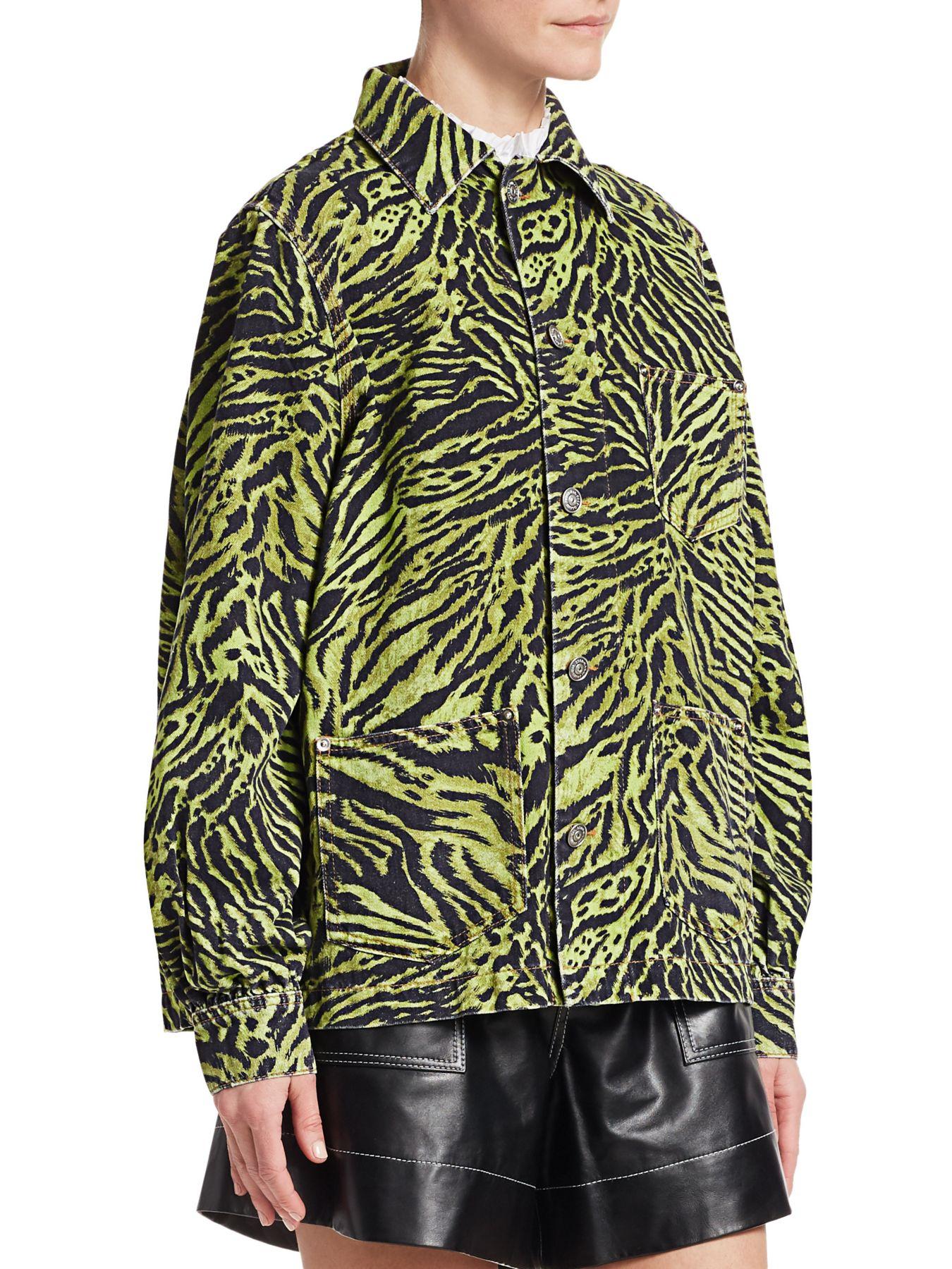 Ganni Tiger Print Denim Jacket in Lime Tiger (Green) | Lyst