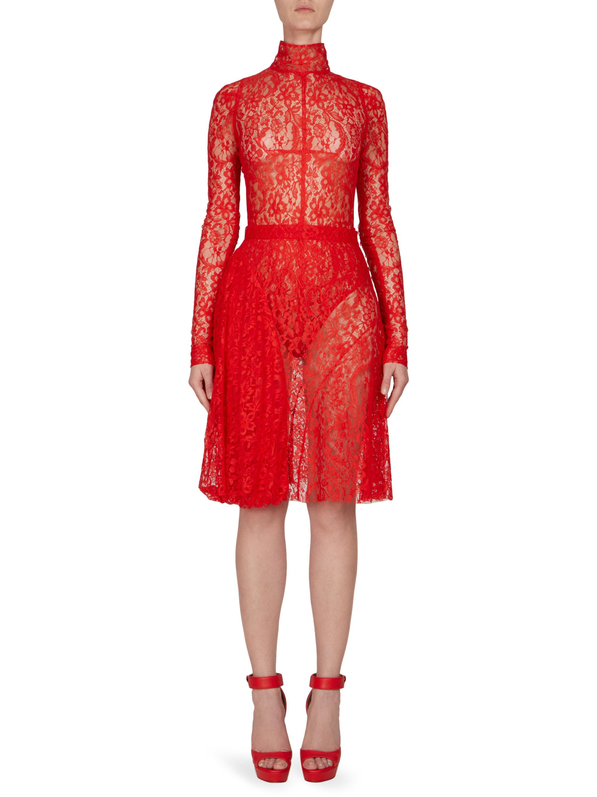 red lace turtleneck dress Givenchy Lace Turtleneck Bodysuit in Red