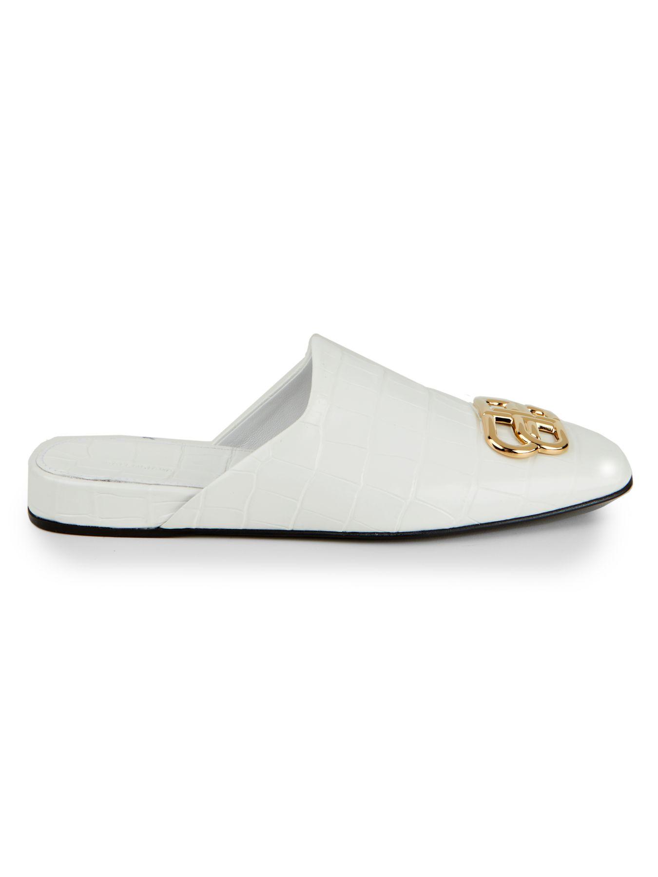 Balenciaga Cosy Bb Croc-embossed Leather Mules in White Gold (White) - Lyst