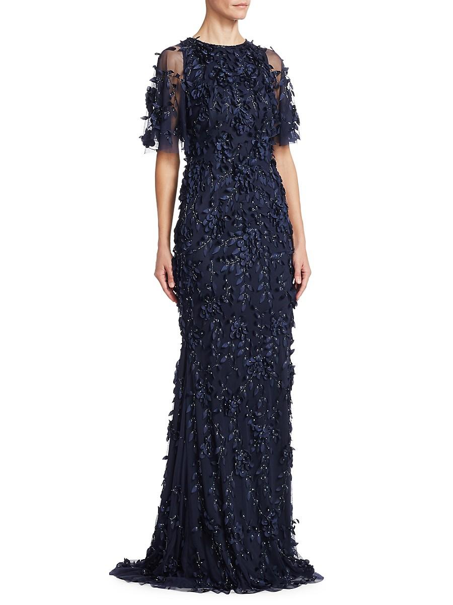THEIA Beaded Floral Gown in Midnight 