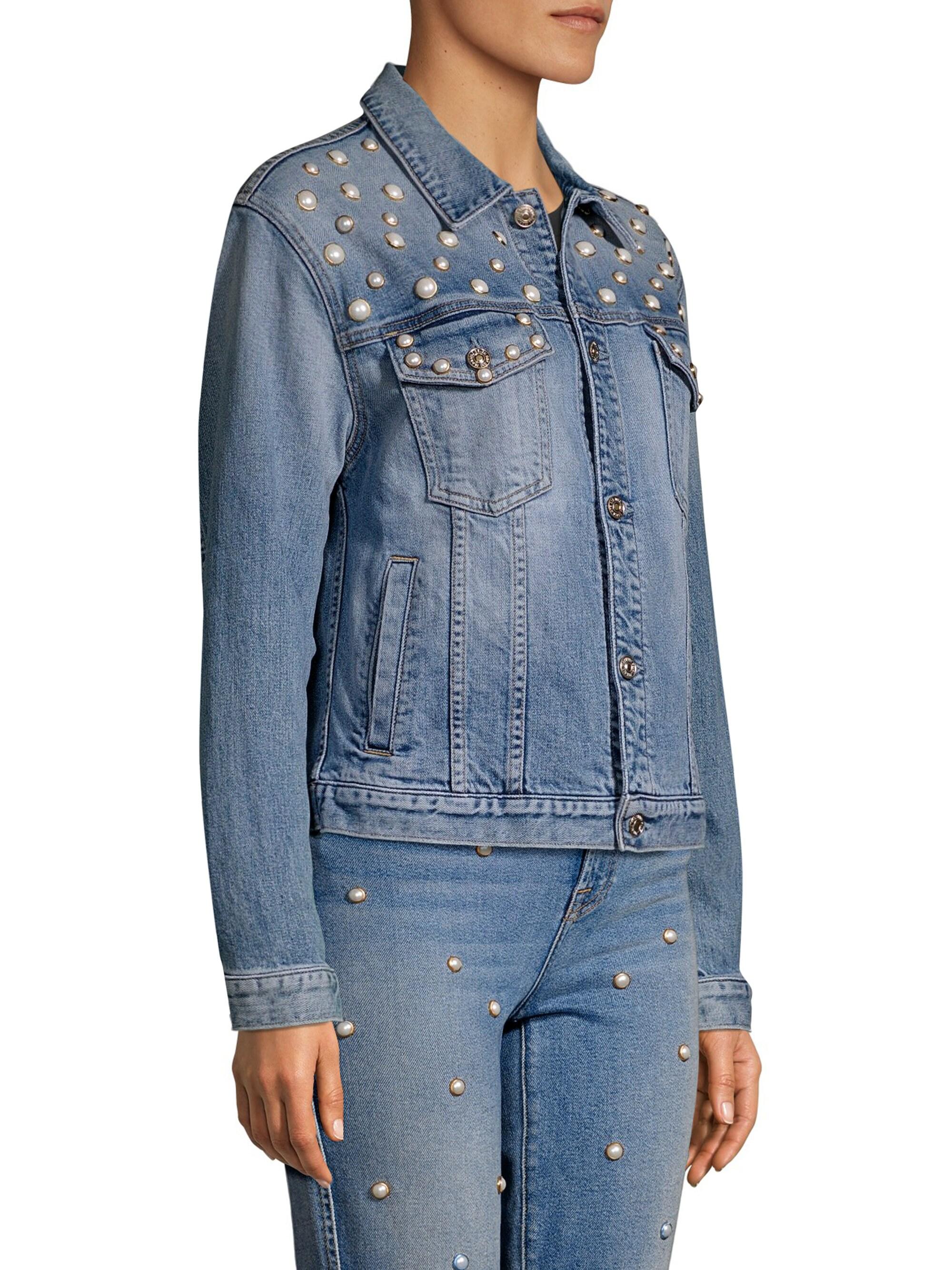 7 For All Mankind Women's Faux Pearl Embellished Denim Jacket - Pearl in  Blue - Lyst