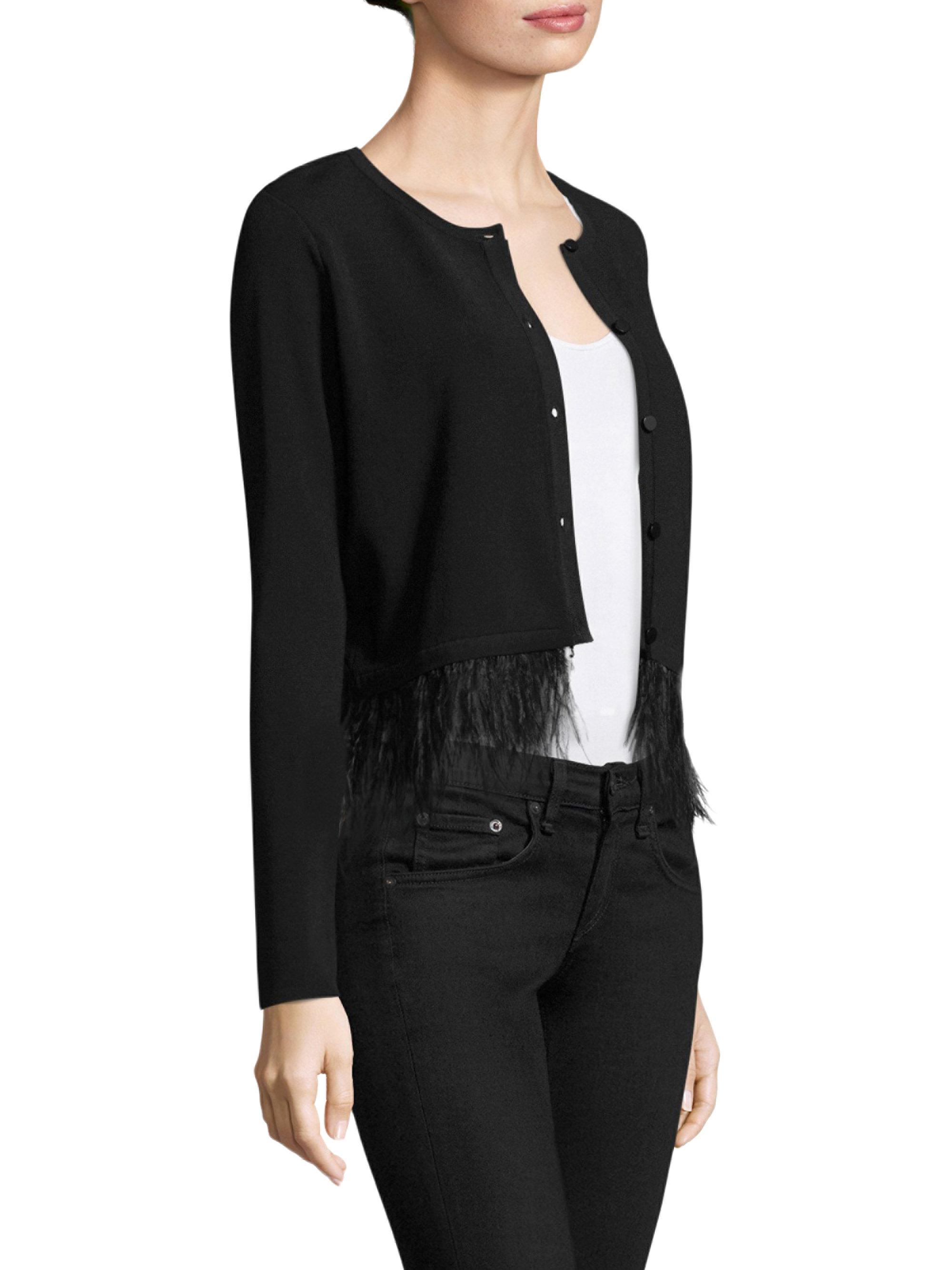 MILLY Synthetic Feather Trim Cardigan in Black - Lyst