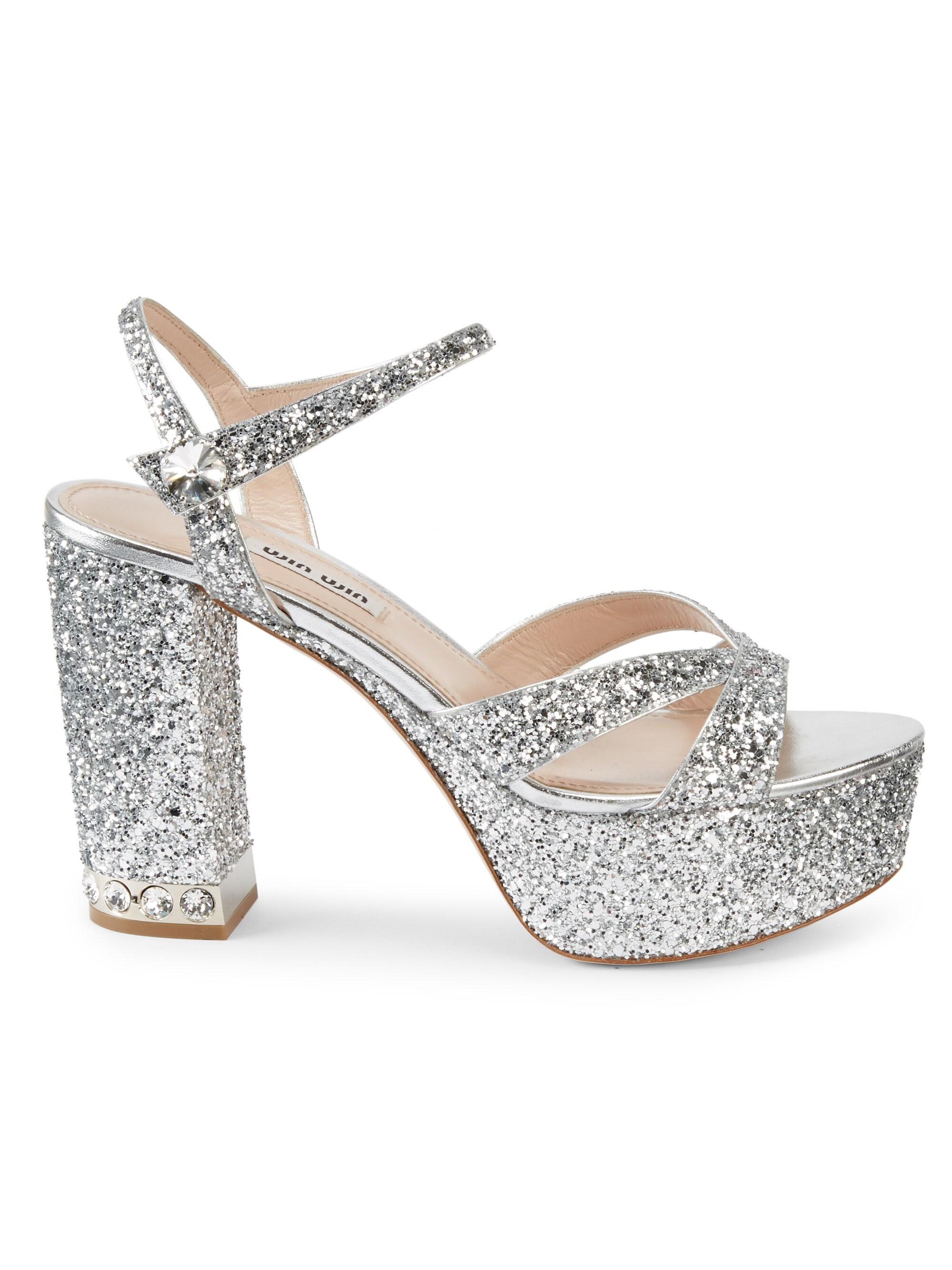 Miu Miu Glitter Platform Sandals in Silver (Metallic) - Lyst