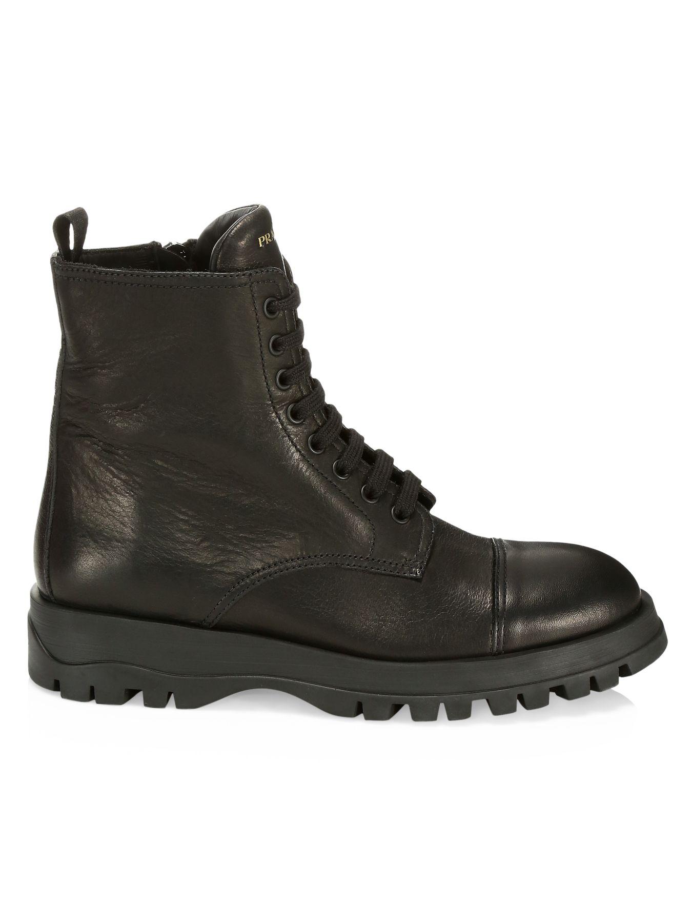 Prada Leather Lace-up Combat Boot in Black - Save 60% - Lyst