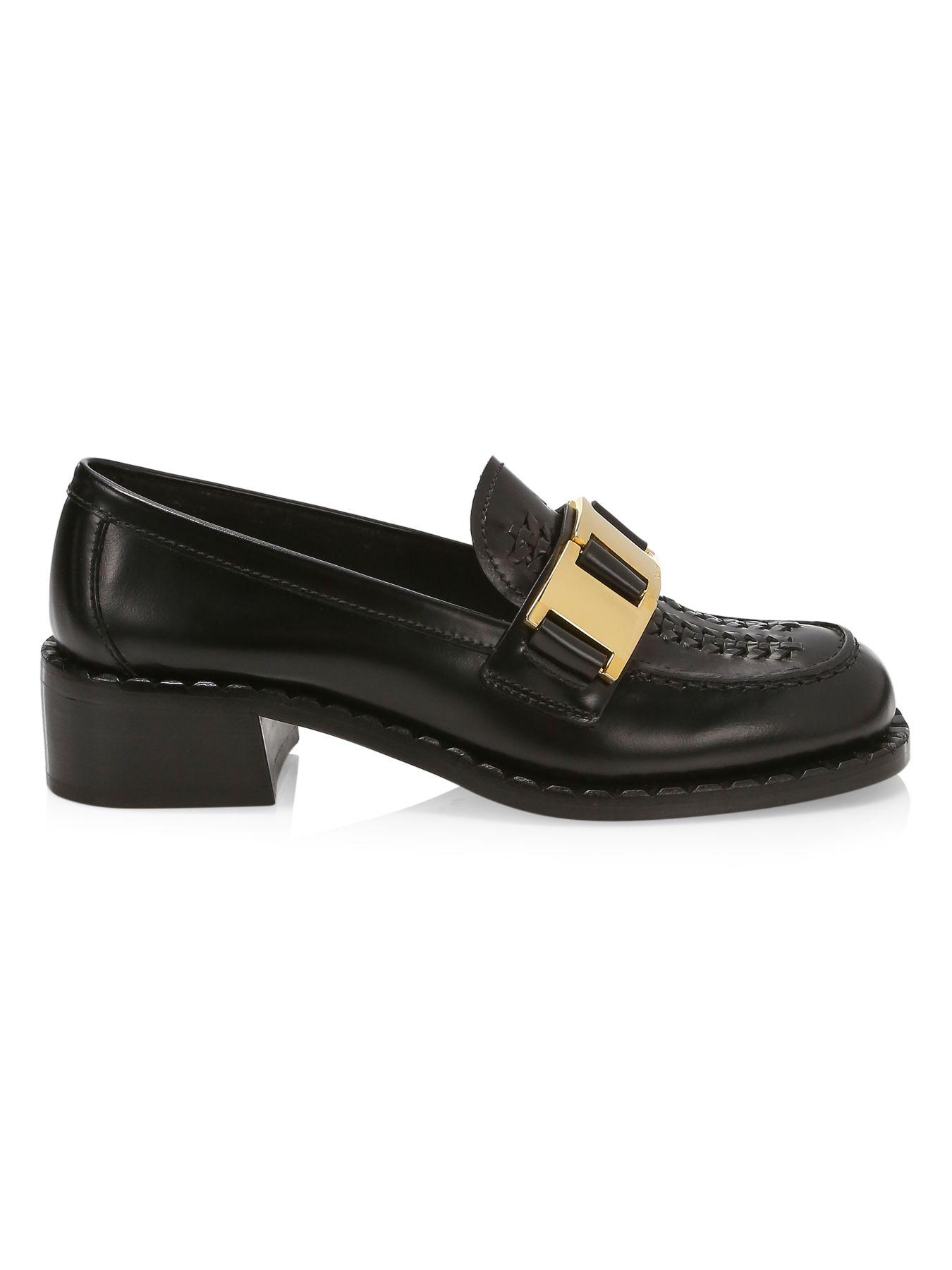 prada block heel leather loafers