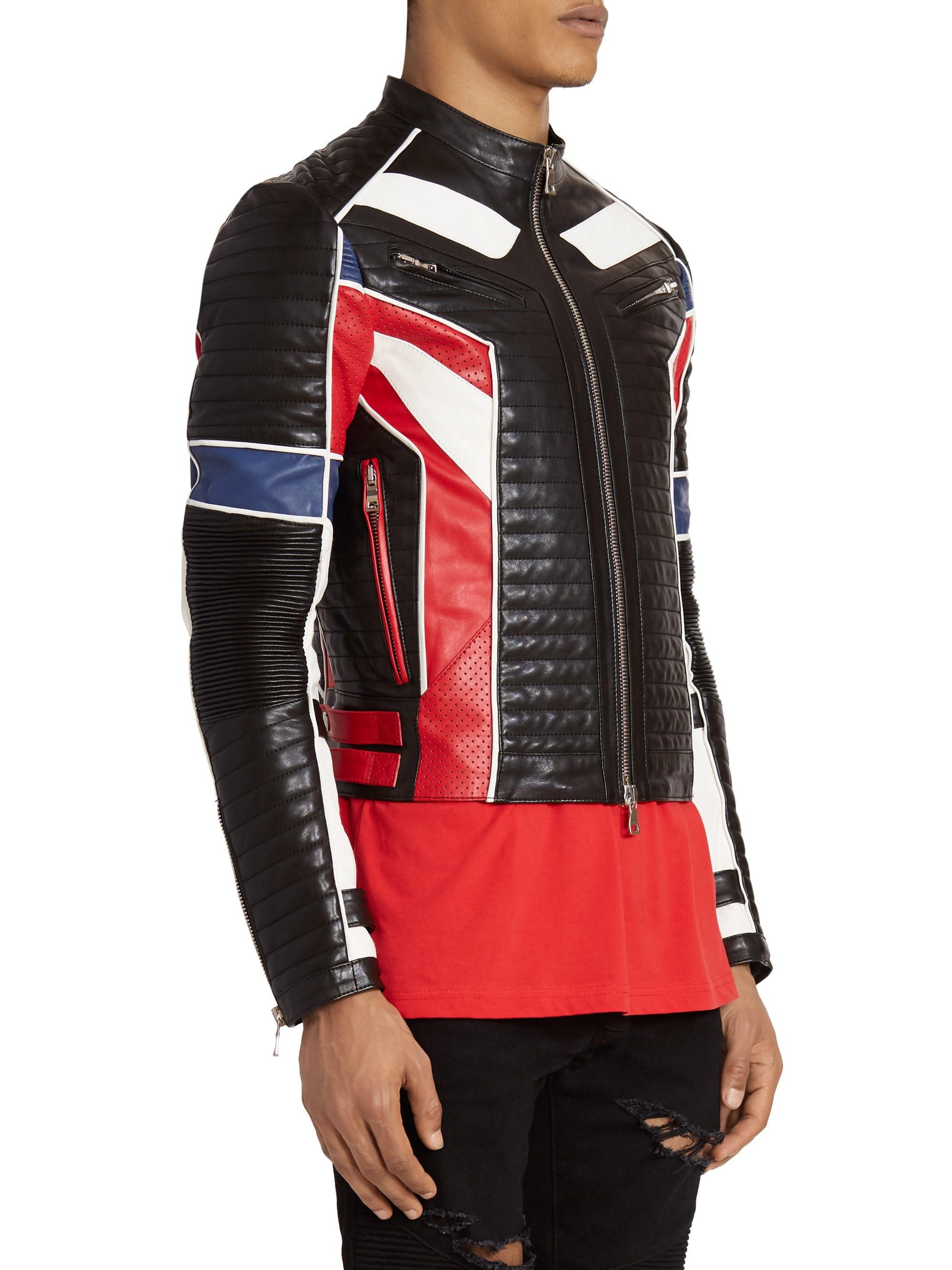 Balmain Men's Colorblock Leather Biker Jacket - Black Multi in Red for Men  - Lyst