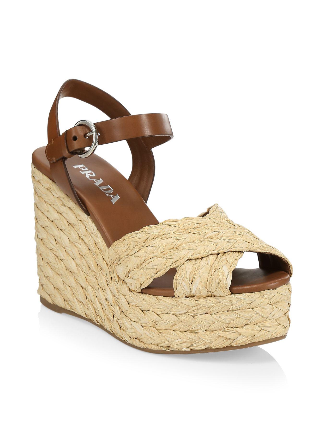 Prada Raffia & Leather Wedge Sandals in Natural Lyst