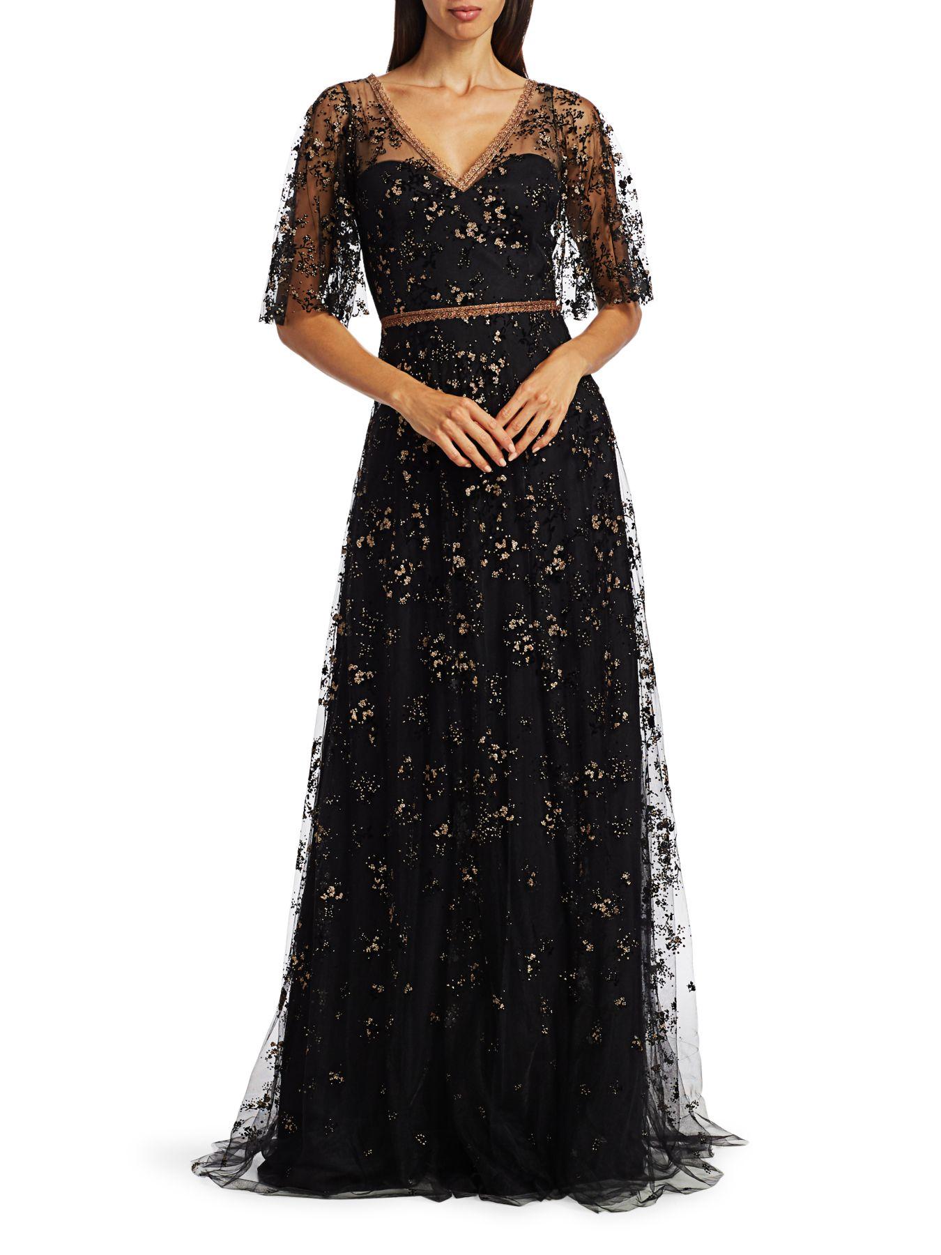 Marchesa notte Illusion Elbow-sleeve Embroidery Gown in Black - Lyst