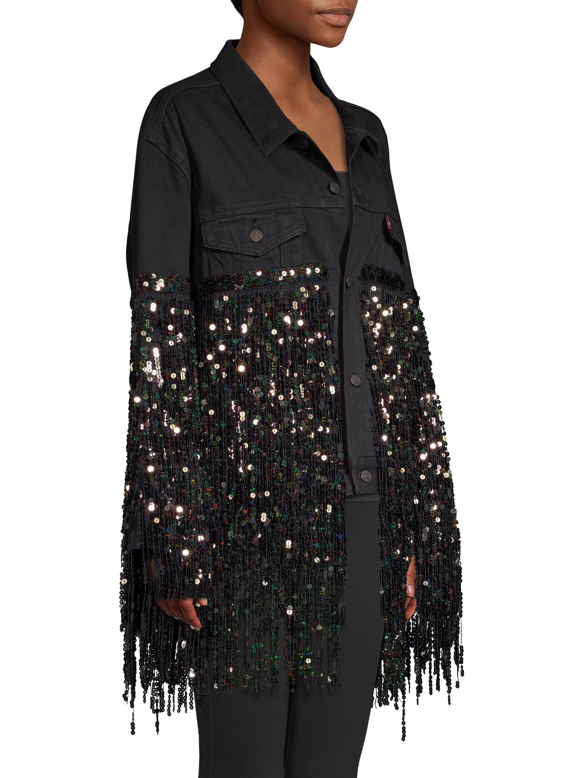 Star Sequin Fringe Denim Jacket - Black 