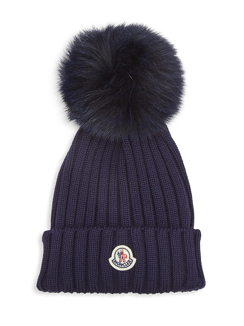 Moncler Fox Fur Pom-pom Ribbed Wool Beanie in Blue | Lyst