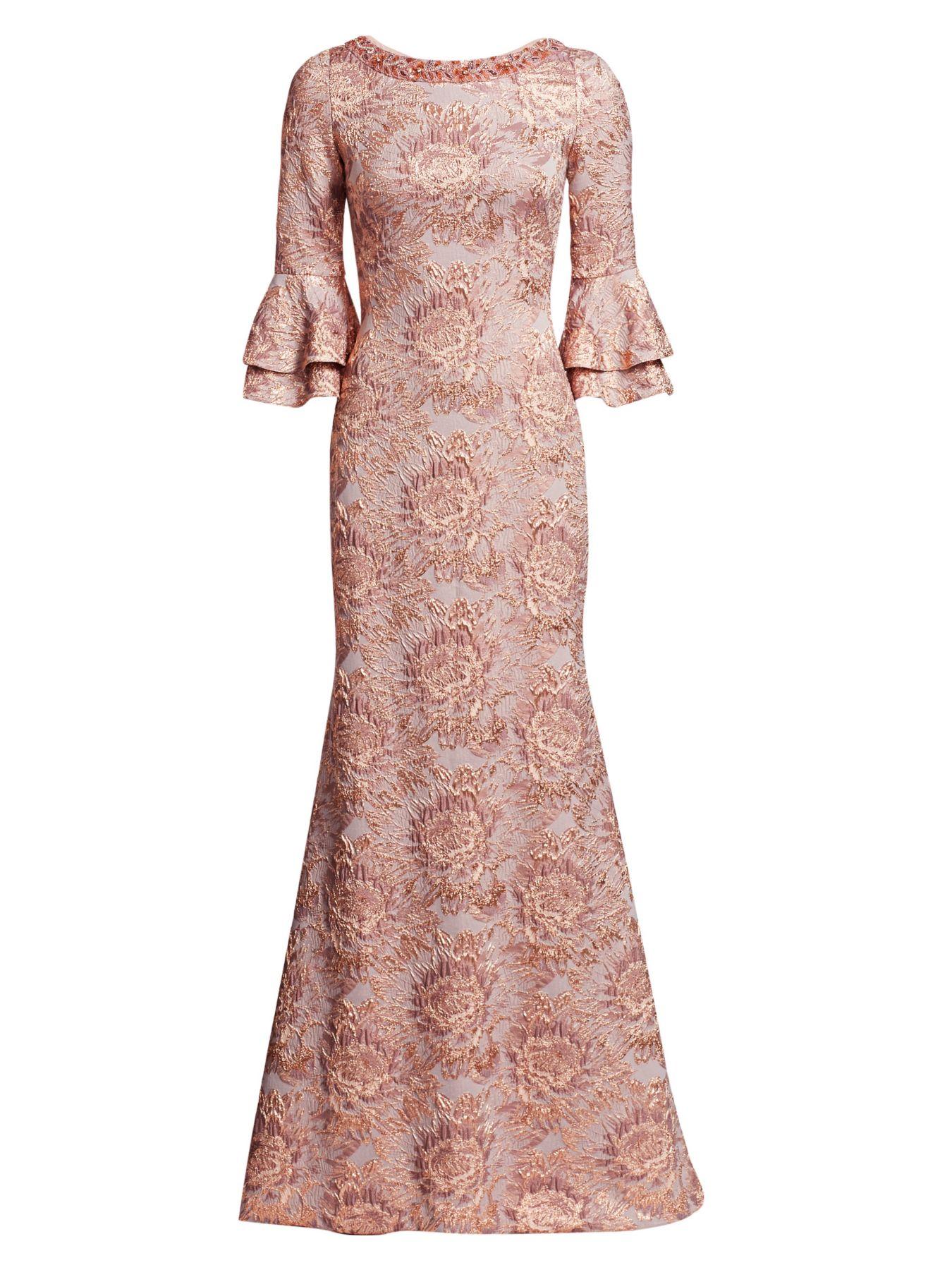 THEIA Metallic Floral Jacquard Bell-sleeve Trumpet Gown in Antique Rose ...