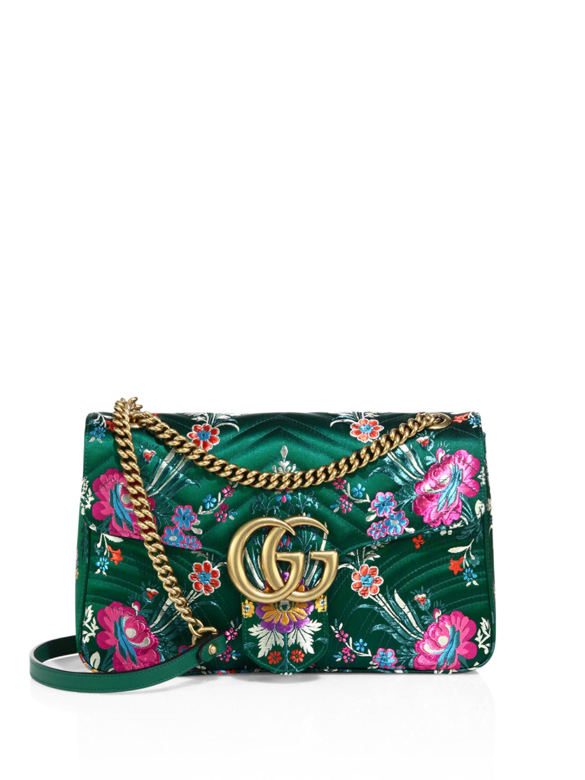 Gucci Small Gg Marmont Matelasse Floral Jacquard Chain Shoulder Bag in Green - Lyst