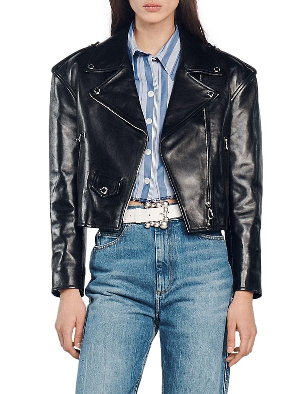 Sandro Jillian Cropped Leather Jacket in Blue | Lyst