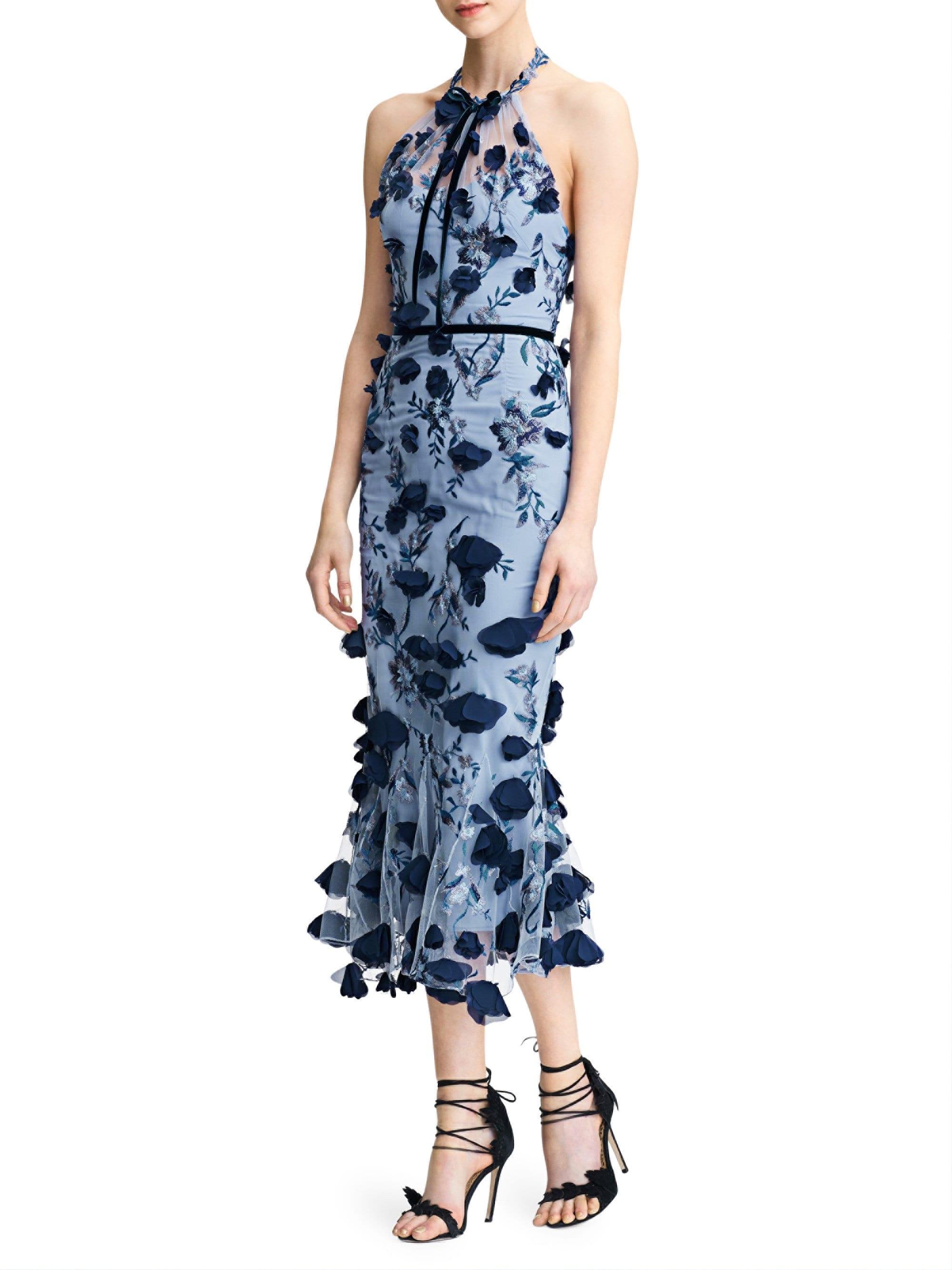 Marchesa notte Floral Appliqué Halter Cocktail Dress in Blue - Lyst