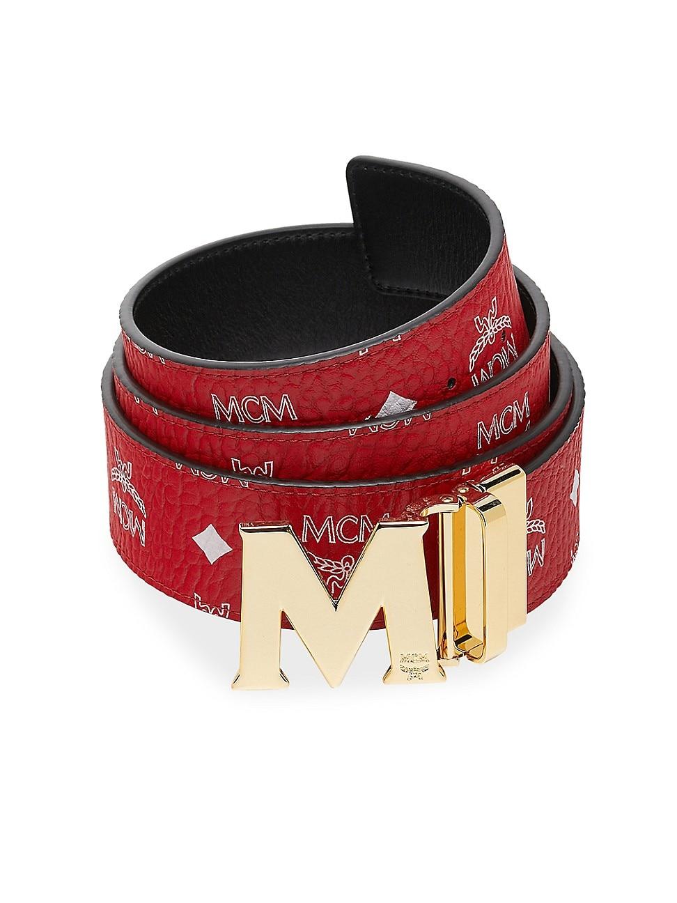 MCM Mens Claus Black M Buckle Candy Red Leather Reversible Belt
