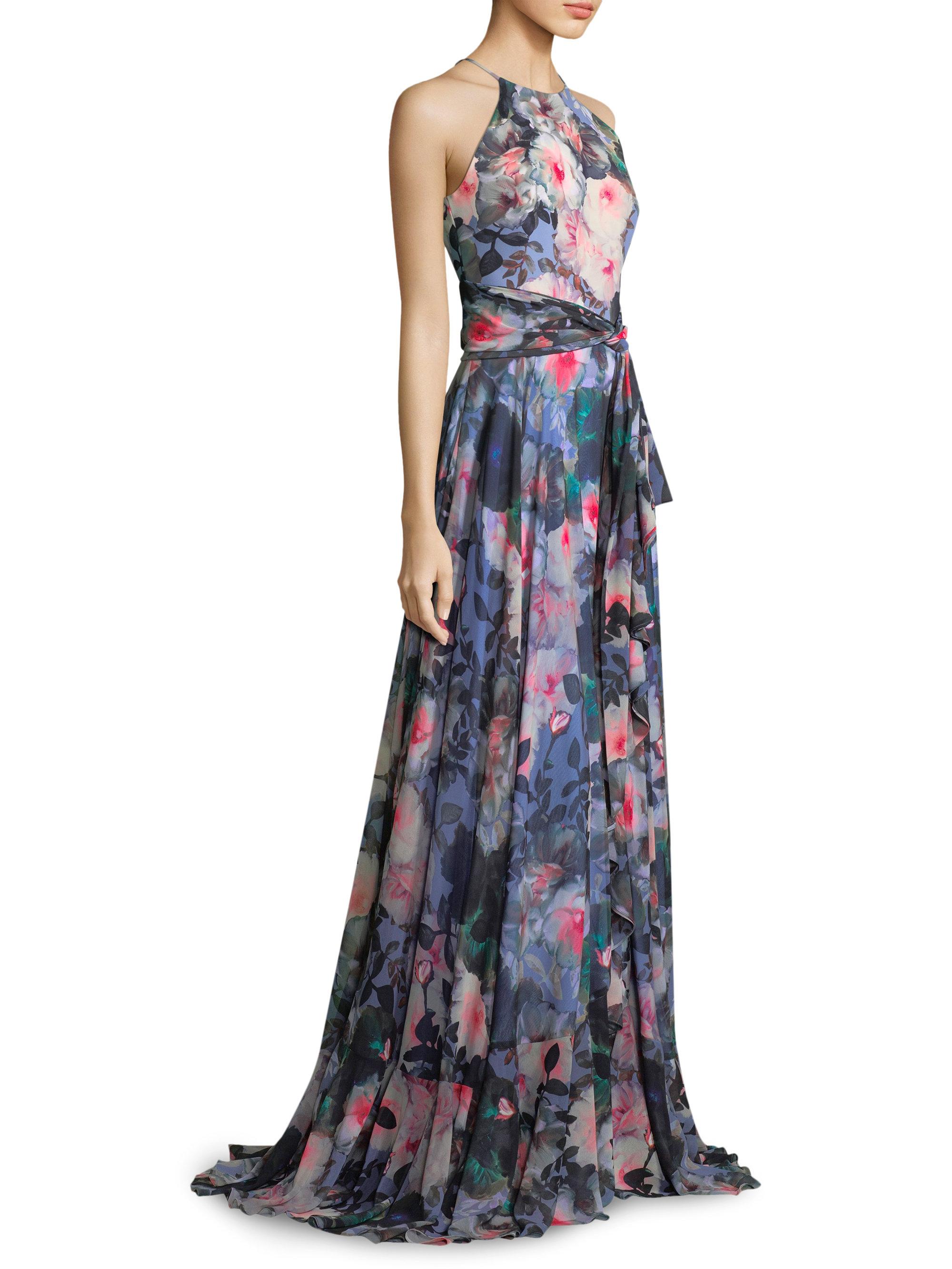 Badgley Mischka Synthetic Cold Shoulder Floral Ruffle Wrap Gown in Blue ...