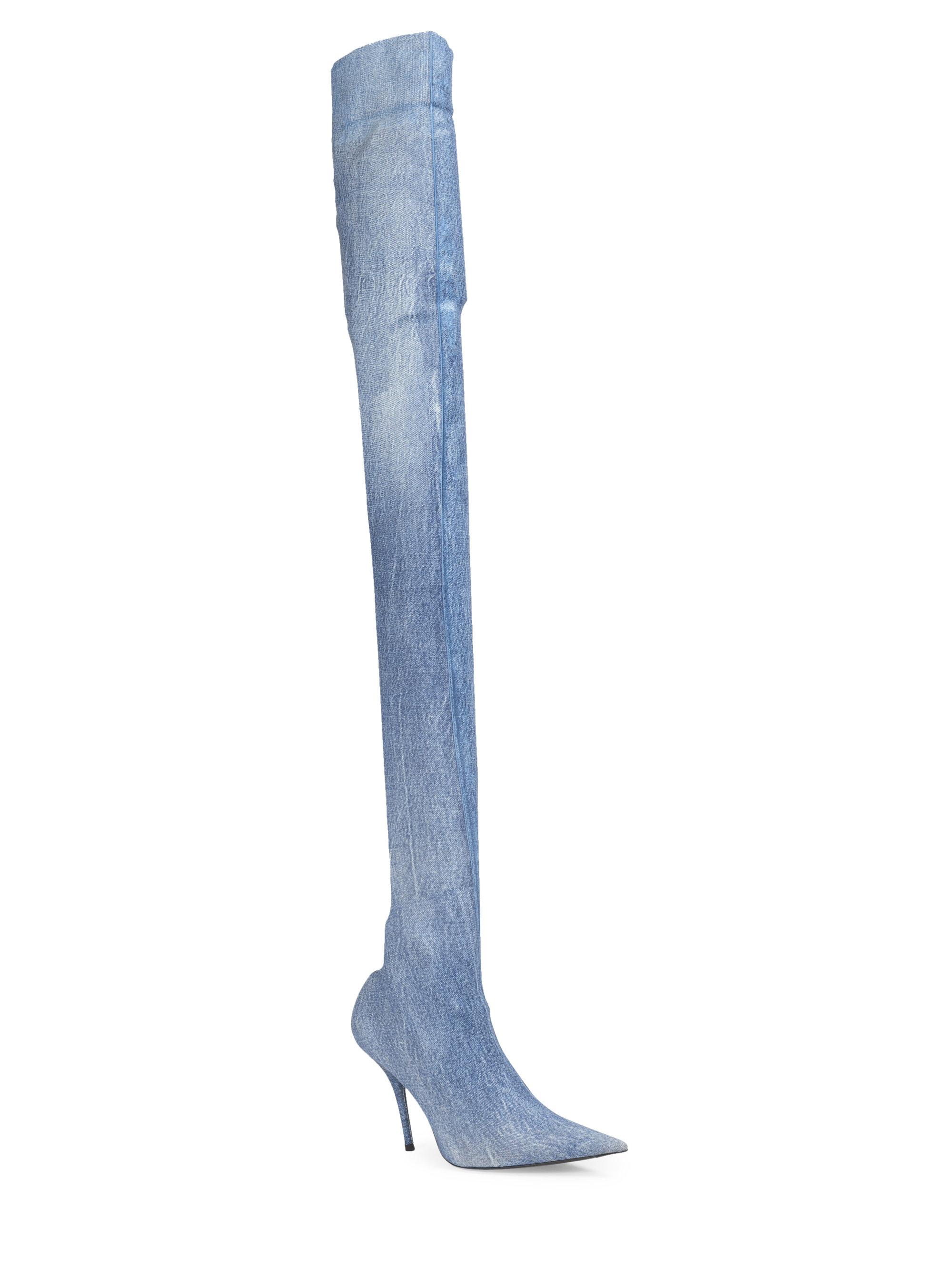 Balenciaga Denim Print Knife Thigh-high Boots in Blue | Lyst