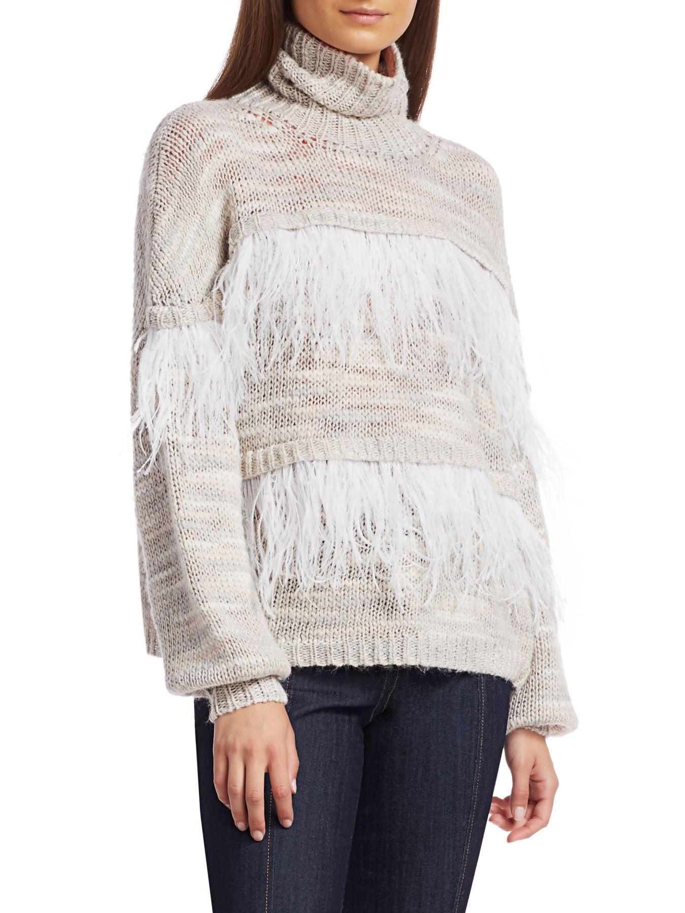 Cinq Ã Sept Valentina Feather-trim Knit Wool-blend Turtleneck Sweater in White - Lyst