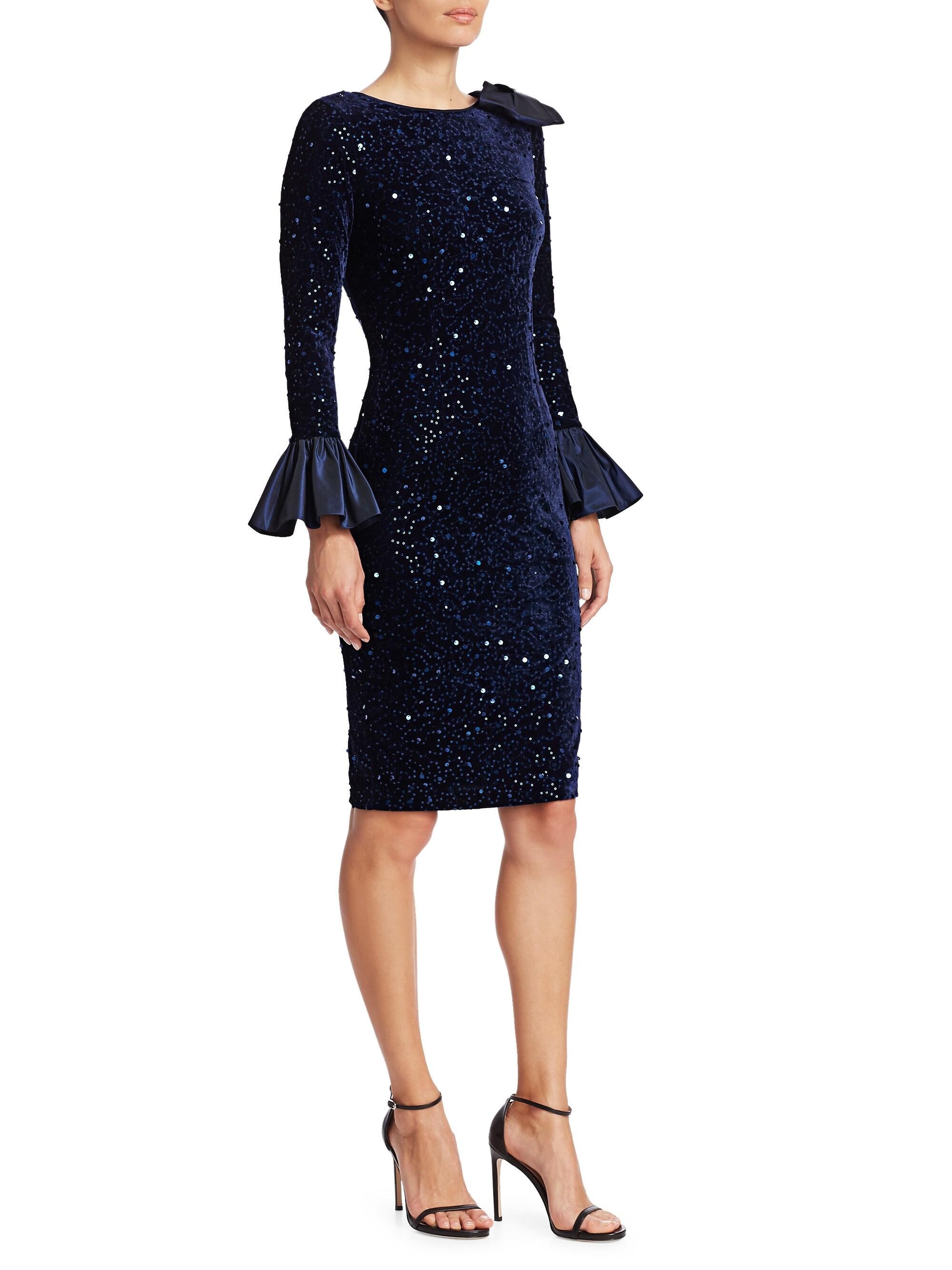 Teri Jon Women's Taffeta Bell-sleeve Velvet Sequin Bodycon Dress - Navy ...