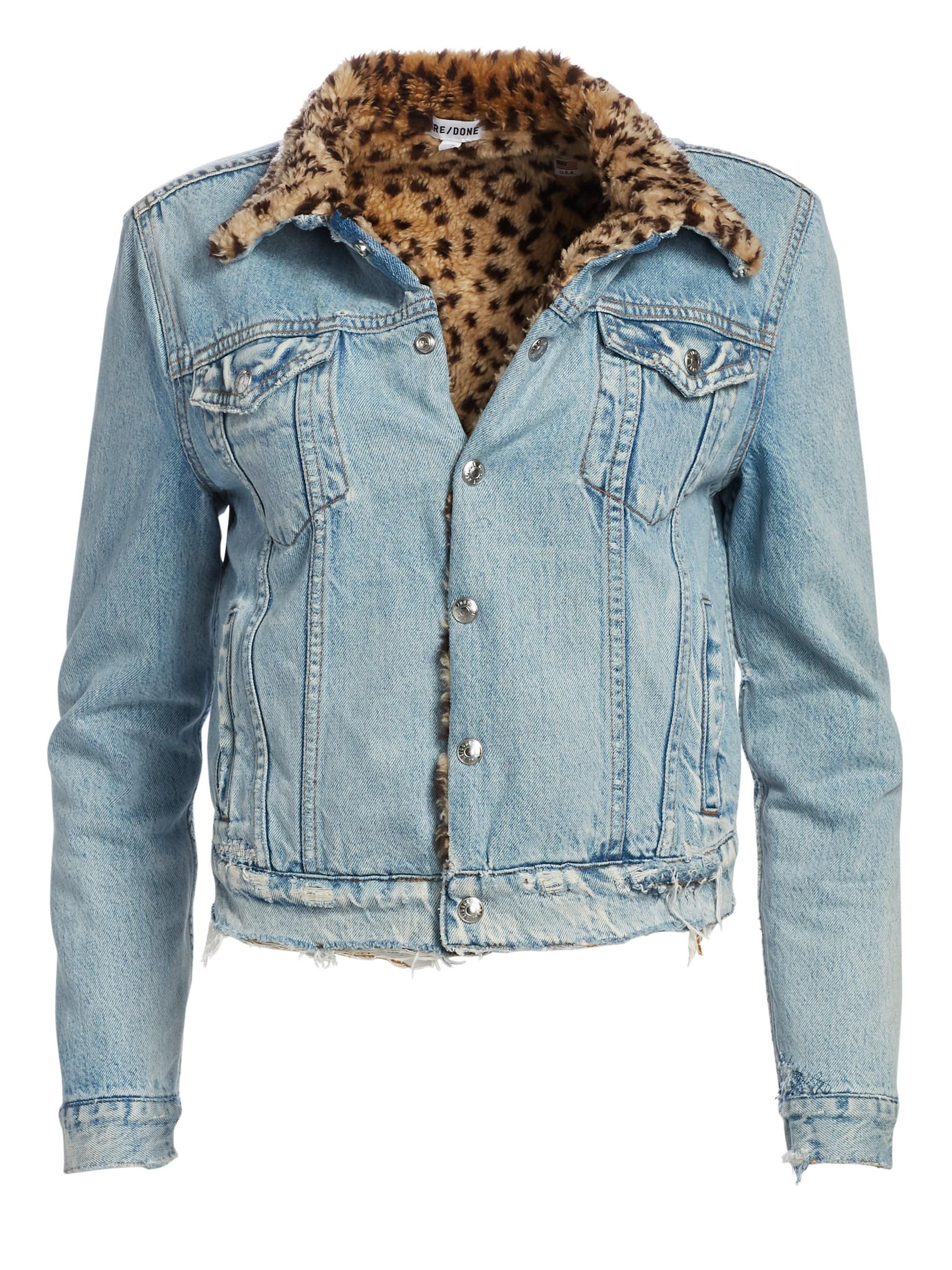 RE/DONE Leopard Faux Fur Collar Jean Jacket in Blue | Lyst