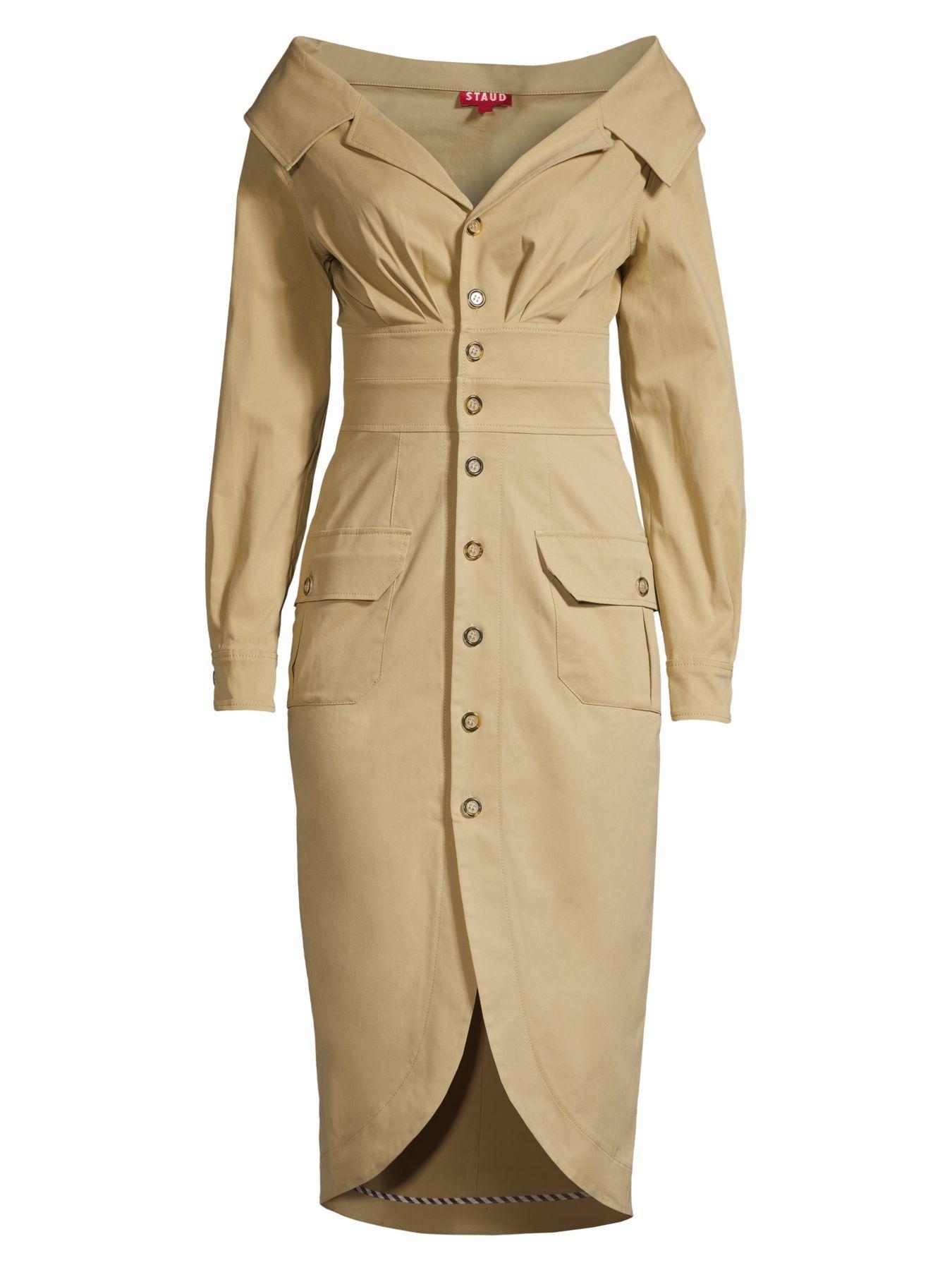 off the shoulder trench coat dress